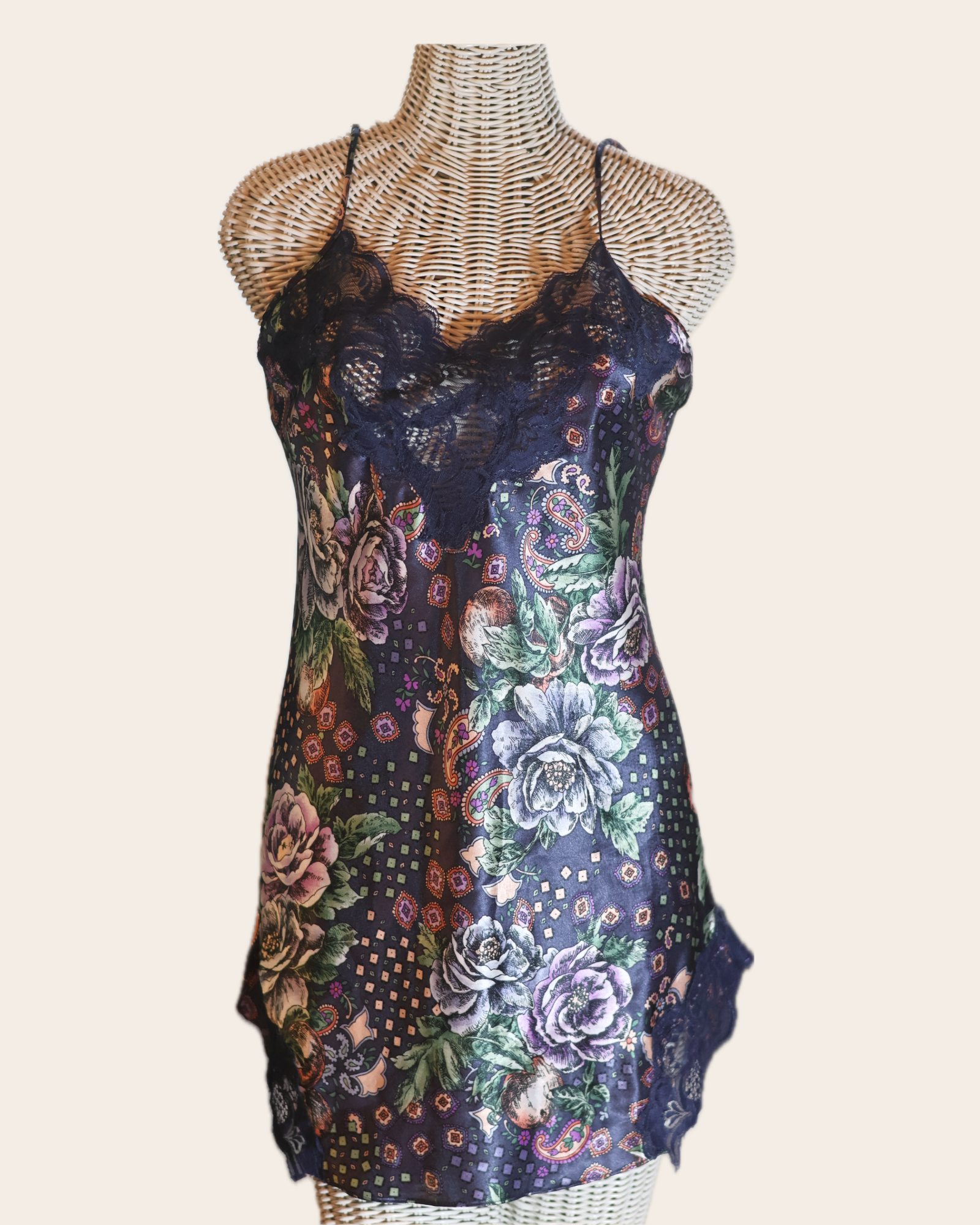 Title: Vintage Victoria’s Secret Navy Floral Paisley Satin Slip with Lace, Size S
