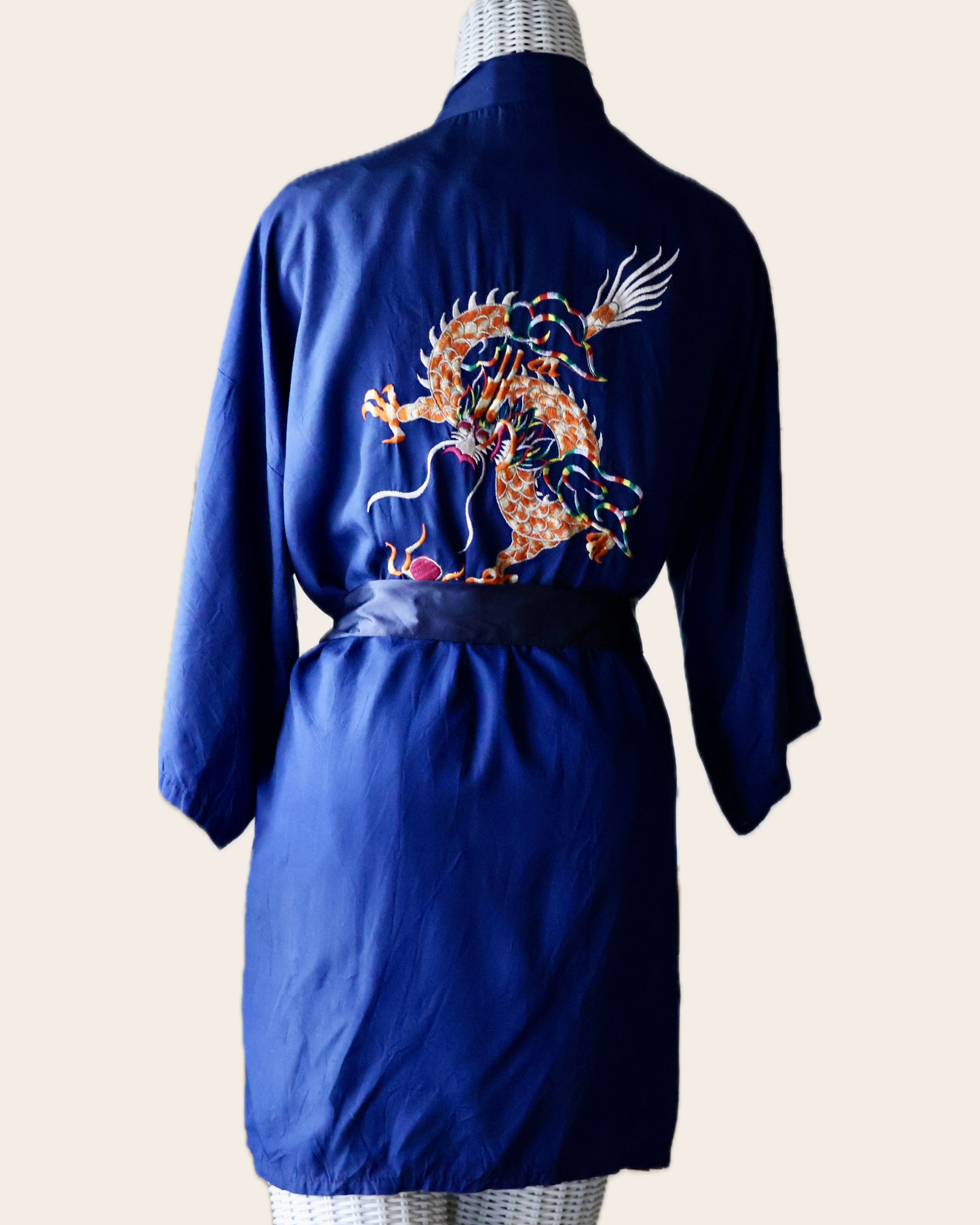 Vintage Jade Hong Kong Navy Rayon Robe, Embroidered Gold Dragon & Rainbow Clouds, Satin Tie Belt, Made in Hong Kong