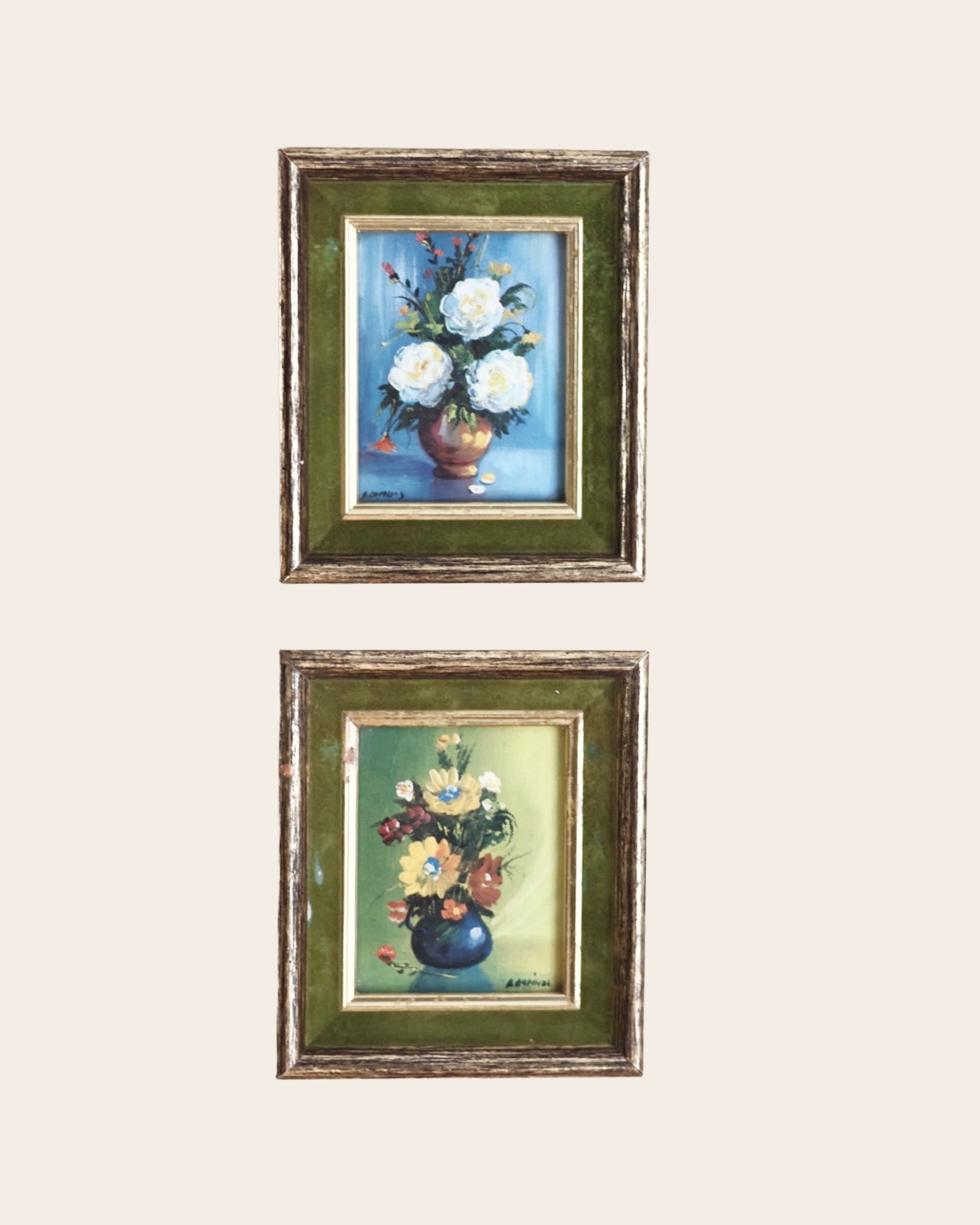 Set of 2 Vintage L. Capello Floral Prints with Green Velvet Frames