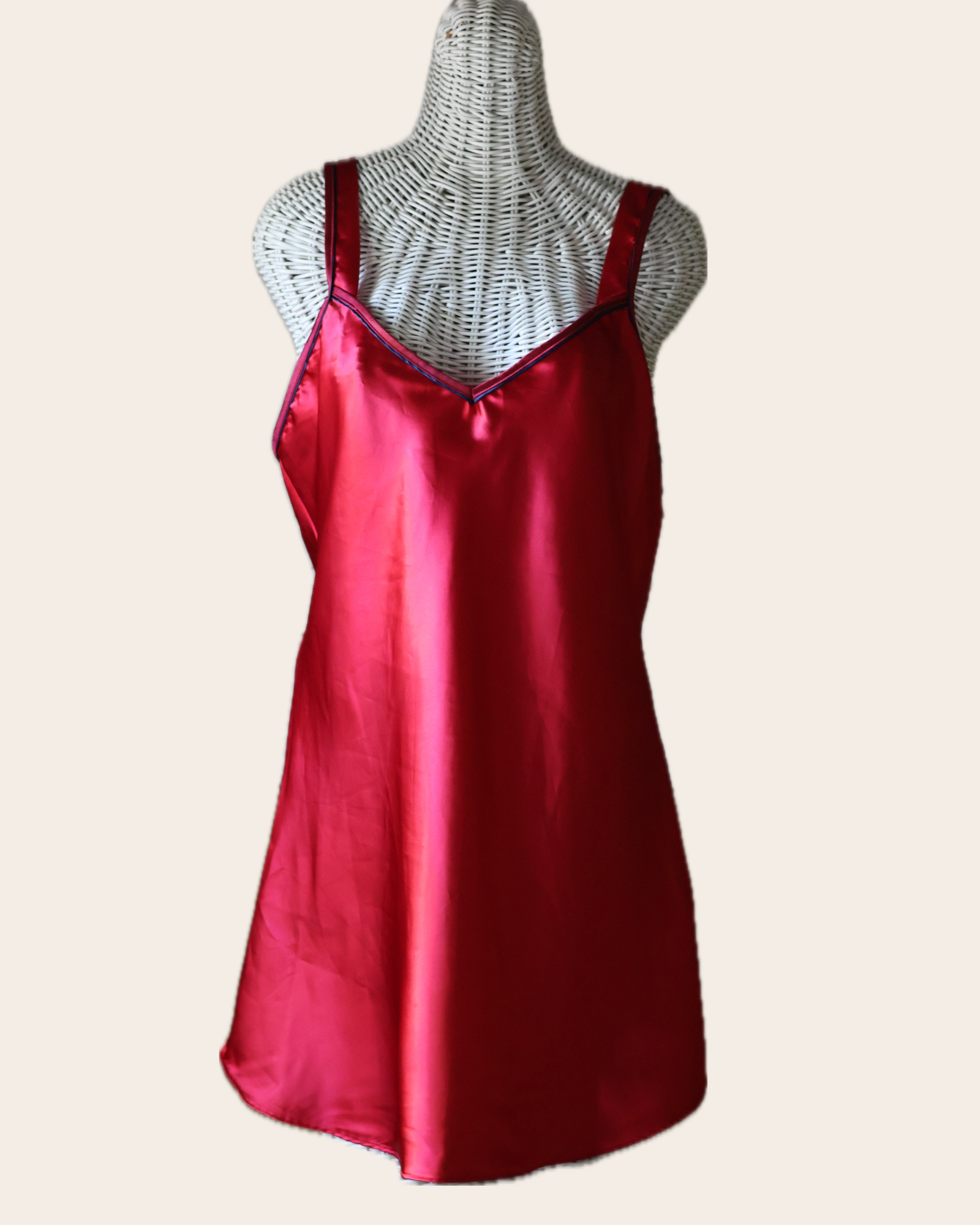 Vintage Sleep Solutions Red Satin Slip Nightie, Navy Piped V-Neck, Wide Straps, Made in USA, Size M