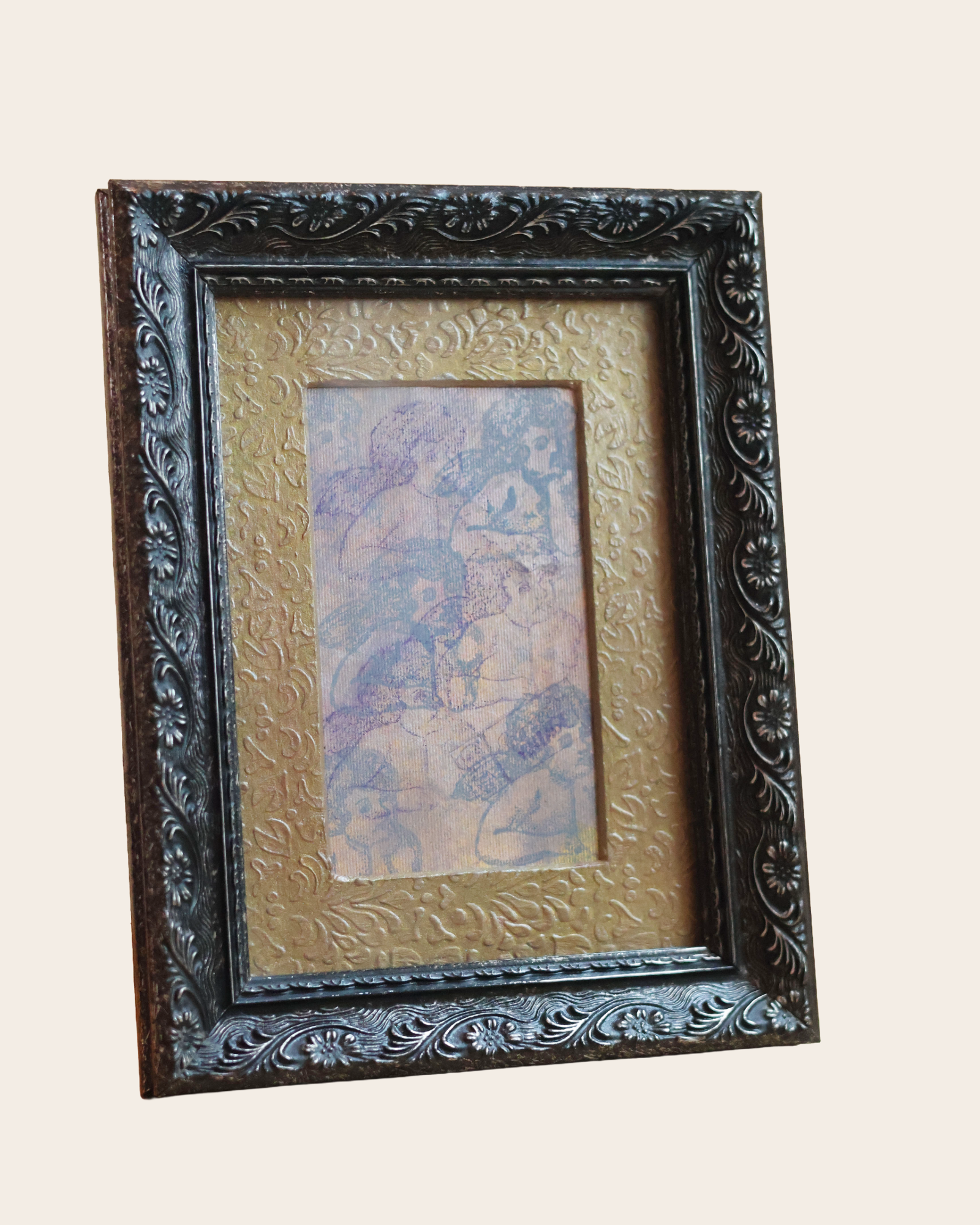 Restored Baroque Silver Picture Frame with Custom Floral Damask Mat