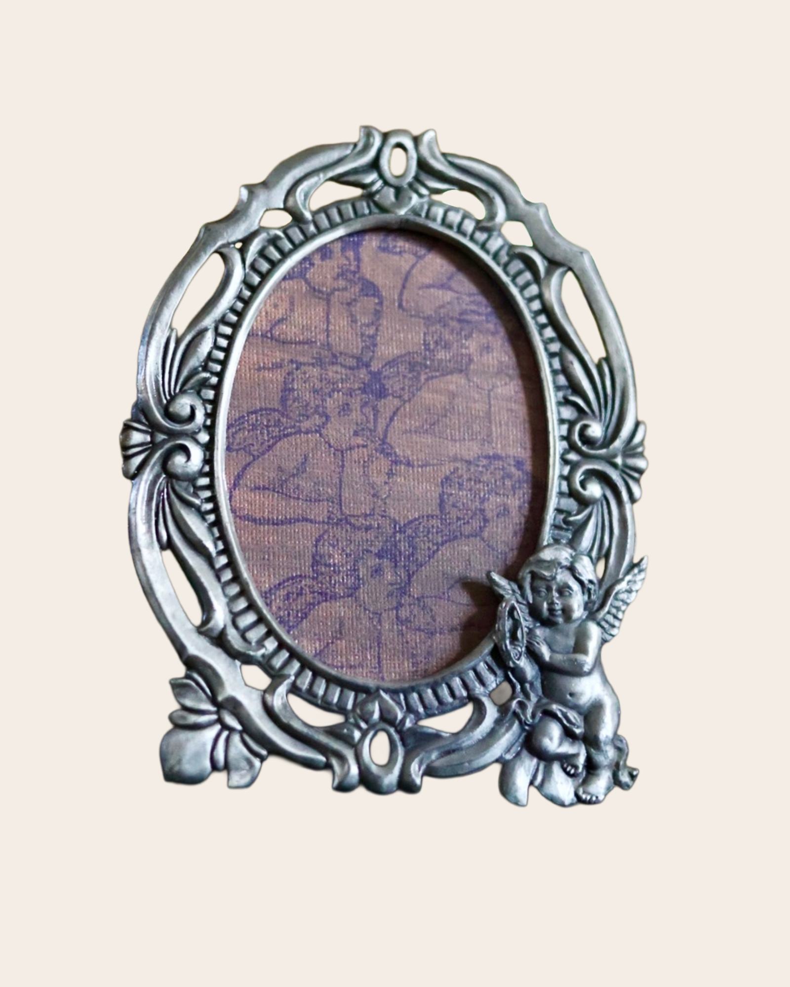 Vintage Oval Cherub Picture Frame Pewter Rococo Tabletop Frame