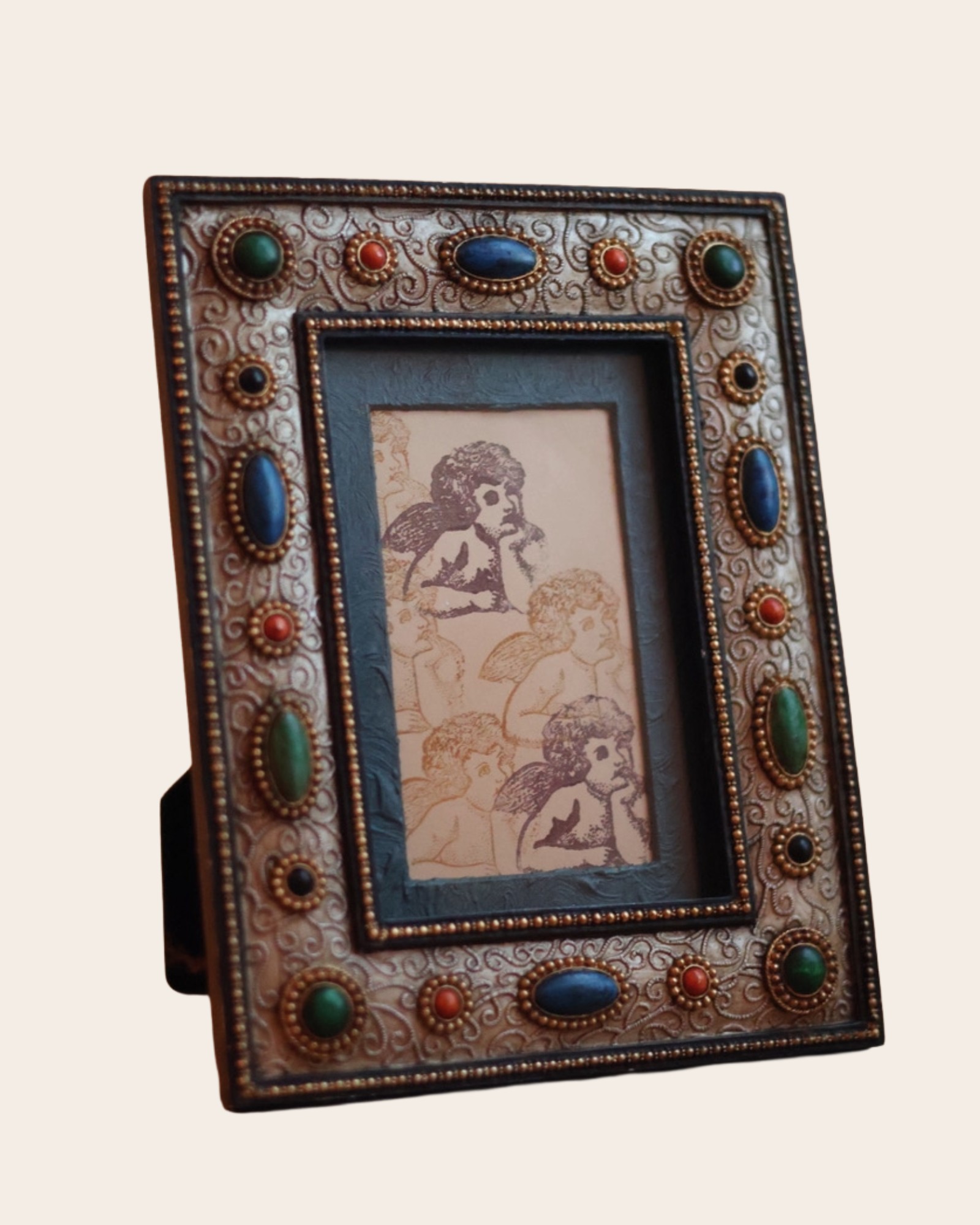 Restored Vintage Beaded Gem Picture Frame - Tabletop Stand