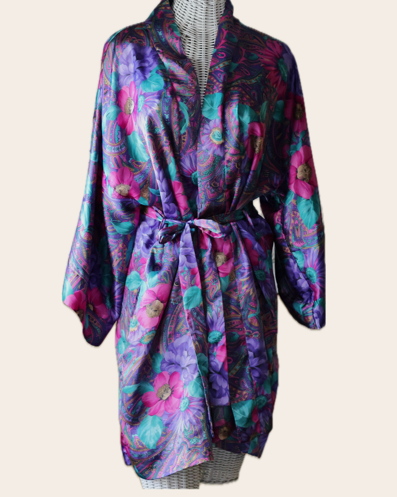 Vintage California Dynasty Purple, Magenta & Teal Floral Paisley Satin Robe, Wrap Robe with Wide Sleeves & Tie Belt