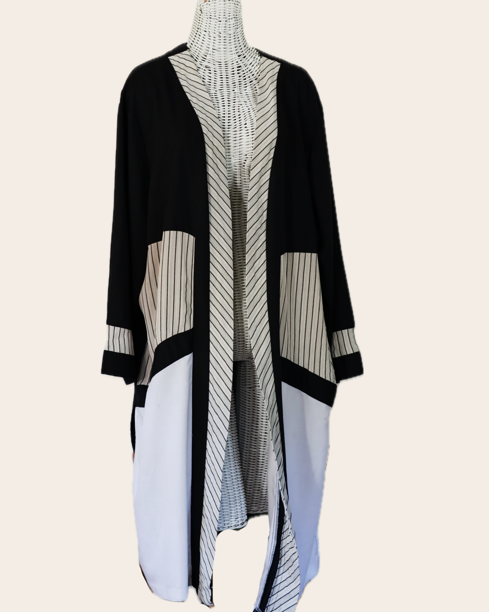 Vintage Venezia Vitale Color-Block Duster Jacket, Black and White Striped Panel Open-Front Long Robe Coat