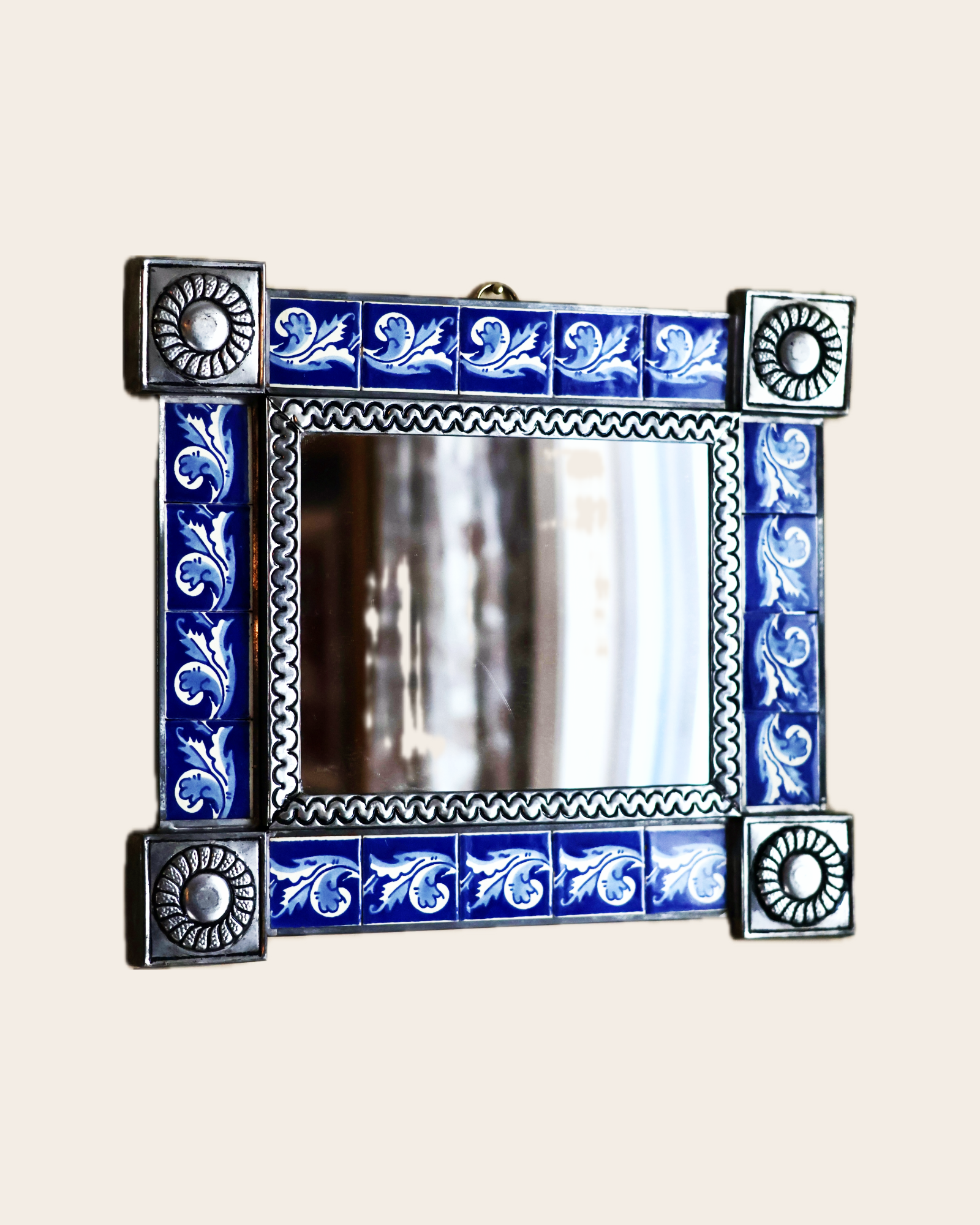 Vintage Mexican Talavera Tile & Stamped Metal Mirror – Blue & White Accent