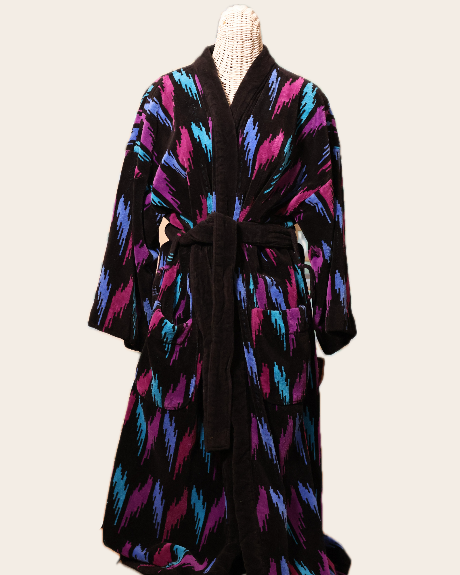 Vintage Perry Ellis Portfolio Cotton Terry Shawl Collar Robe, Teal, Magenta & Purple Geometric Print, Unisex, One Size