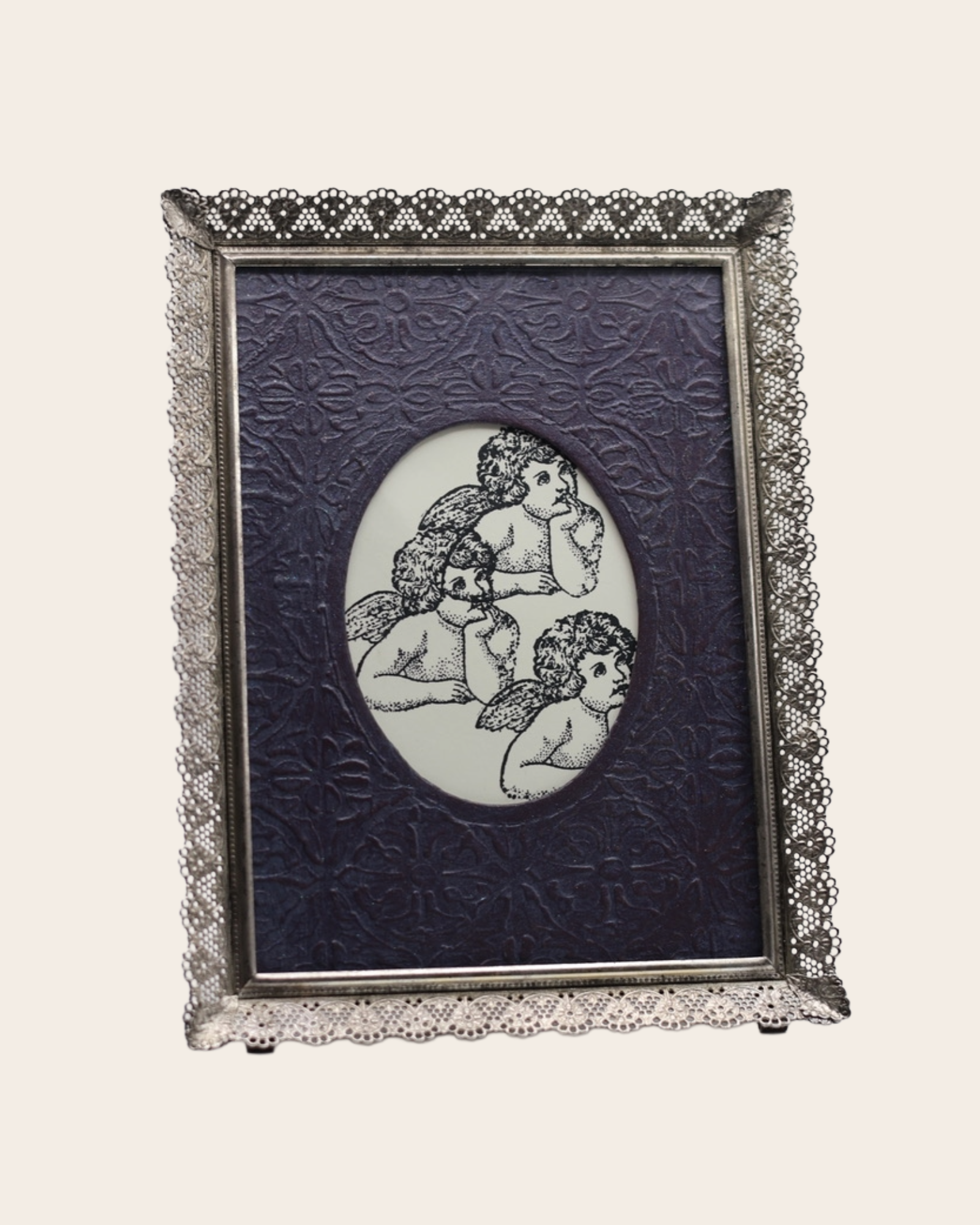 Antique Silver Filigree Picture Frame - Hand-Painted Mat