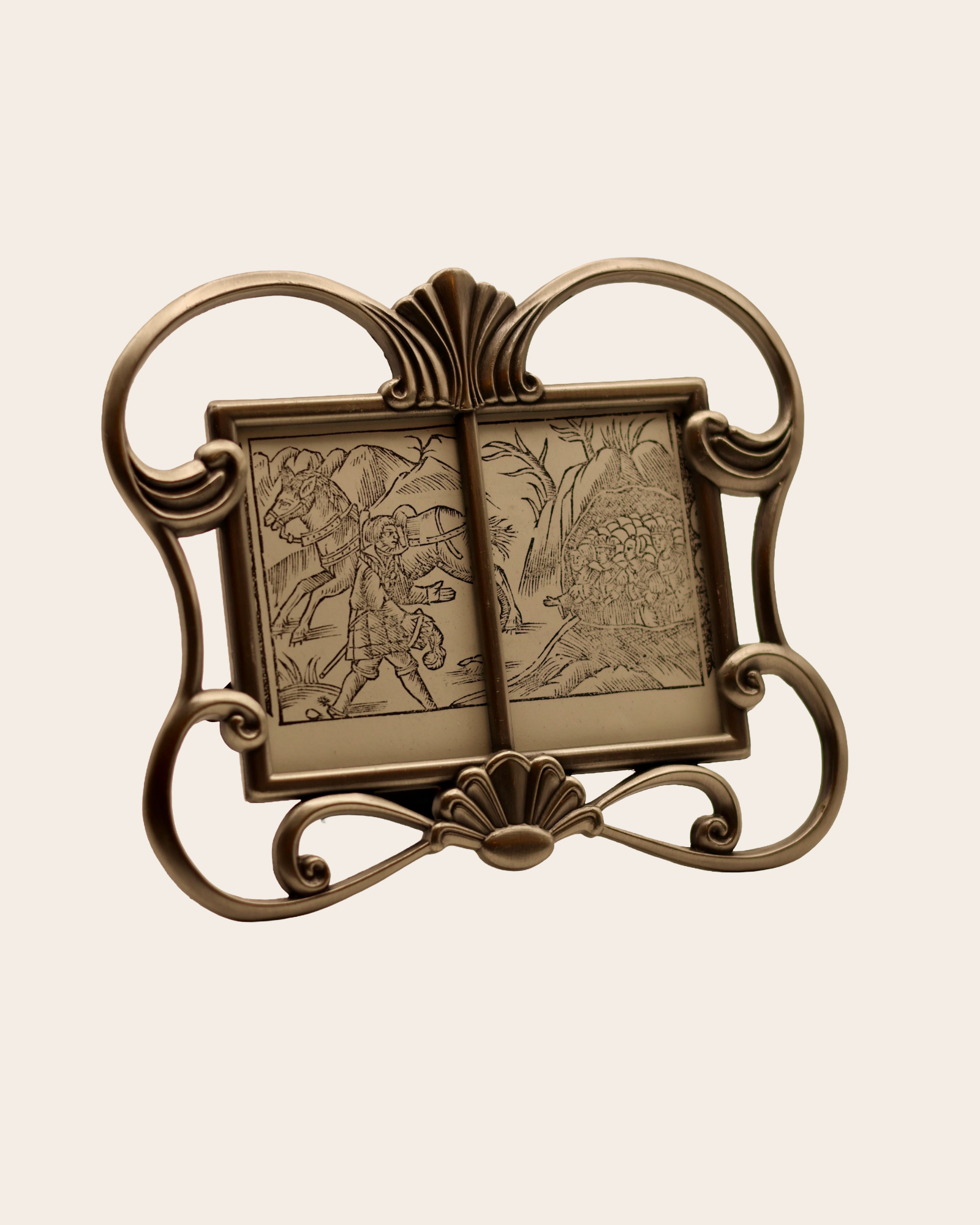 Vintage Double Picture Frame with Ornate Scrollwork & Shell Crests
