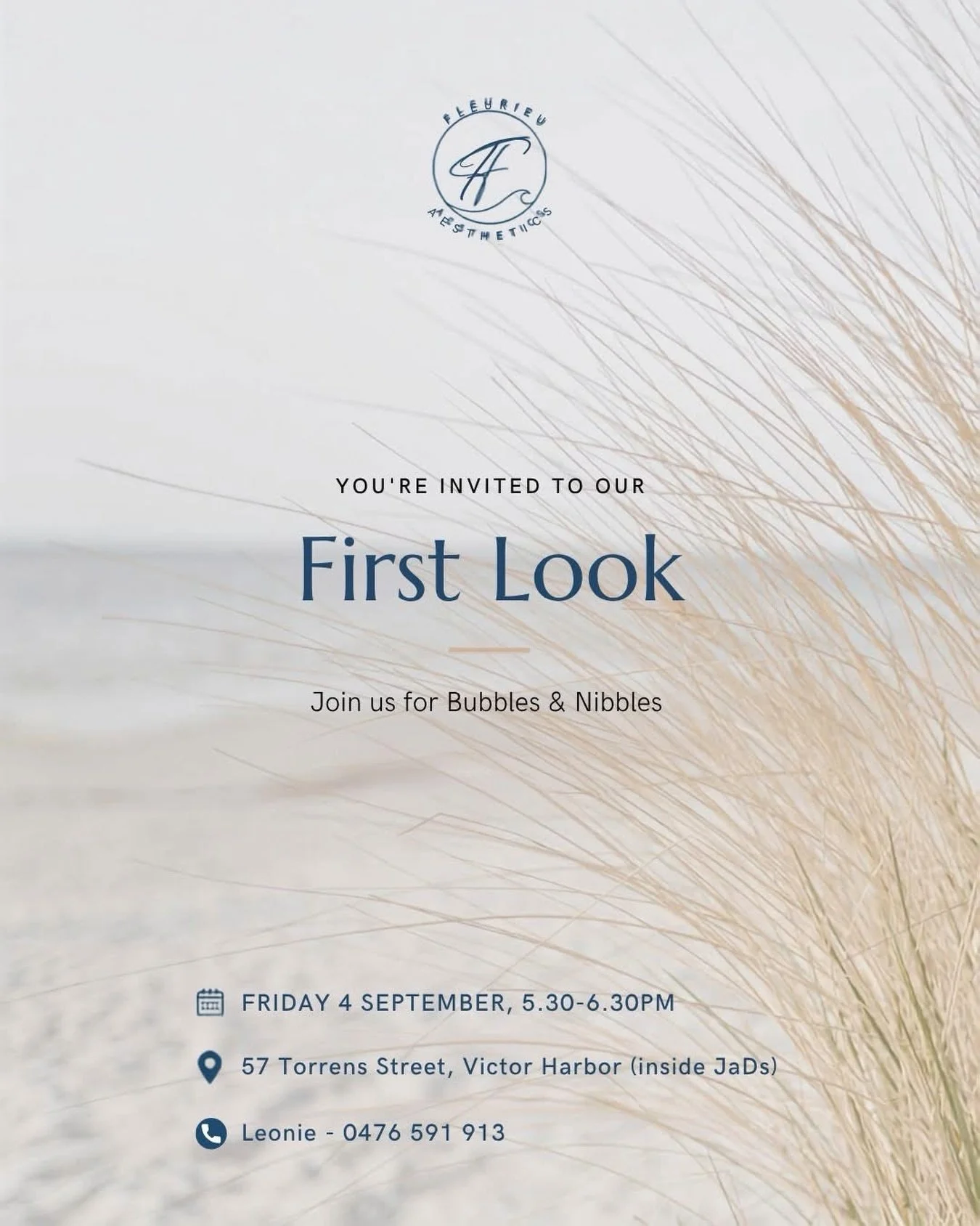 You&rsquo;re invited to the First Look at Fleurieu Aesthetics 🤍

Next Friday afternoon, we&rsquo;d love to welcome you into our beautiful new clinic space inside JaDs Hairdressers in Victor Harbor to celebrate the beginning of Fleurieu Aesthetics.

