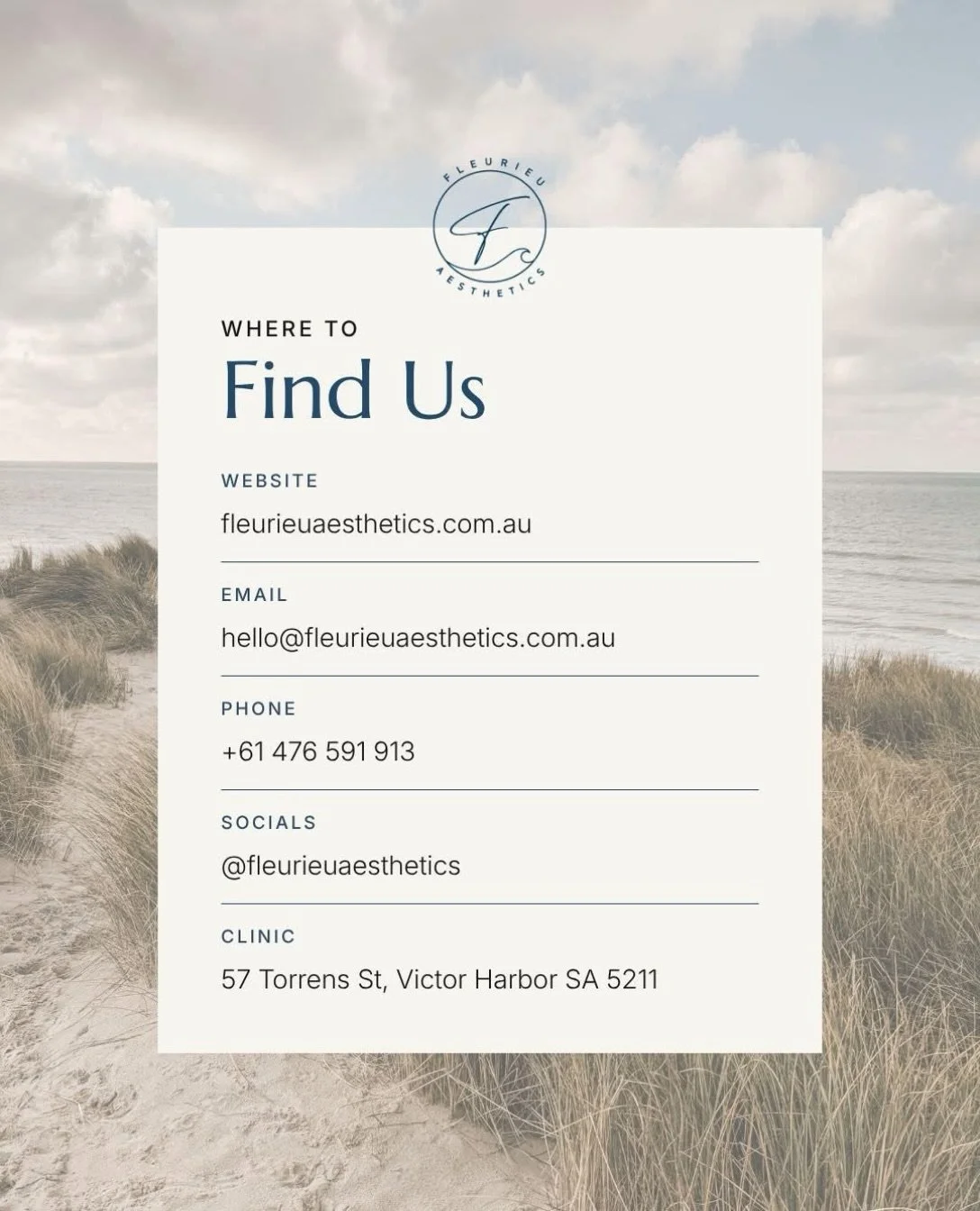 Let&rsquo;s stay connected 🌿

Whether you&rsquo;re ready to book a consultation, have a question or simply want to learn more about what we do at Fleurieu Aesthetics, we&rsquo;d love to hear from you.

Follow us on Facebook and Instagram for skincar