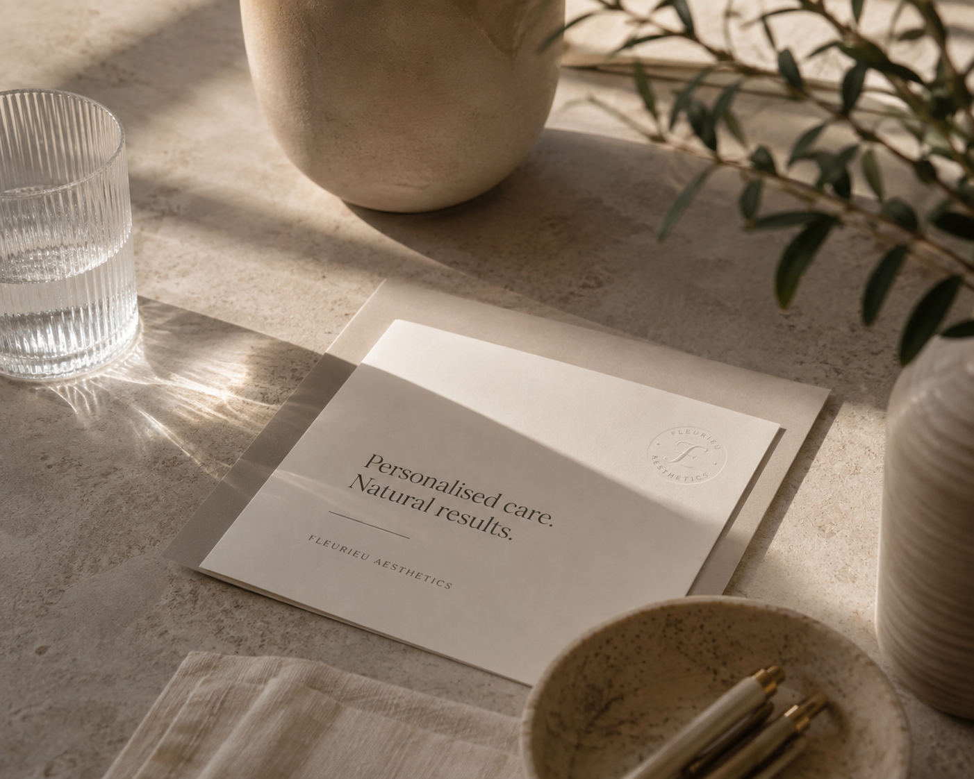 A beige paper brochure on a light-colored stone countertop, reading "Personalised care. Natural results. FLEURIEU AESTHETICS," with a circular logo stippling "FLEURIEU AESTHETICS." Next to the brochure is a clear, textured glass of water, a ceramic vase, and a round bowl with gold-tipped pens. A white cloth and some greenery are partly visible.