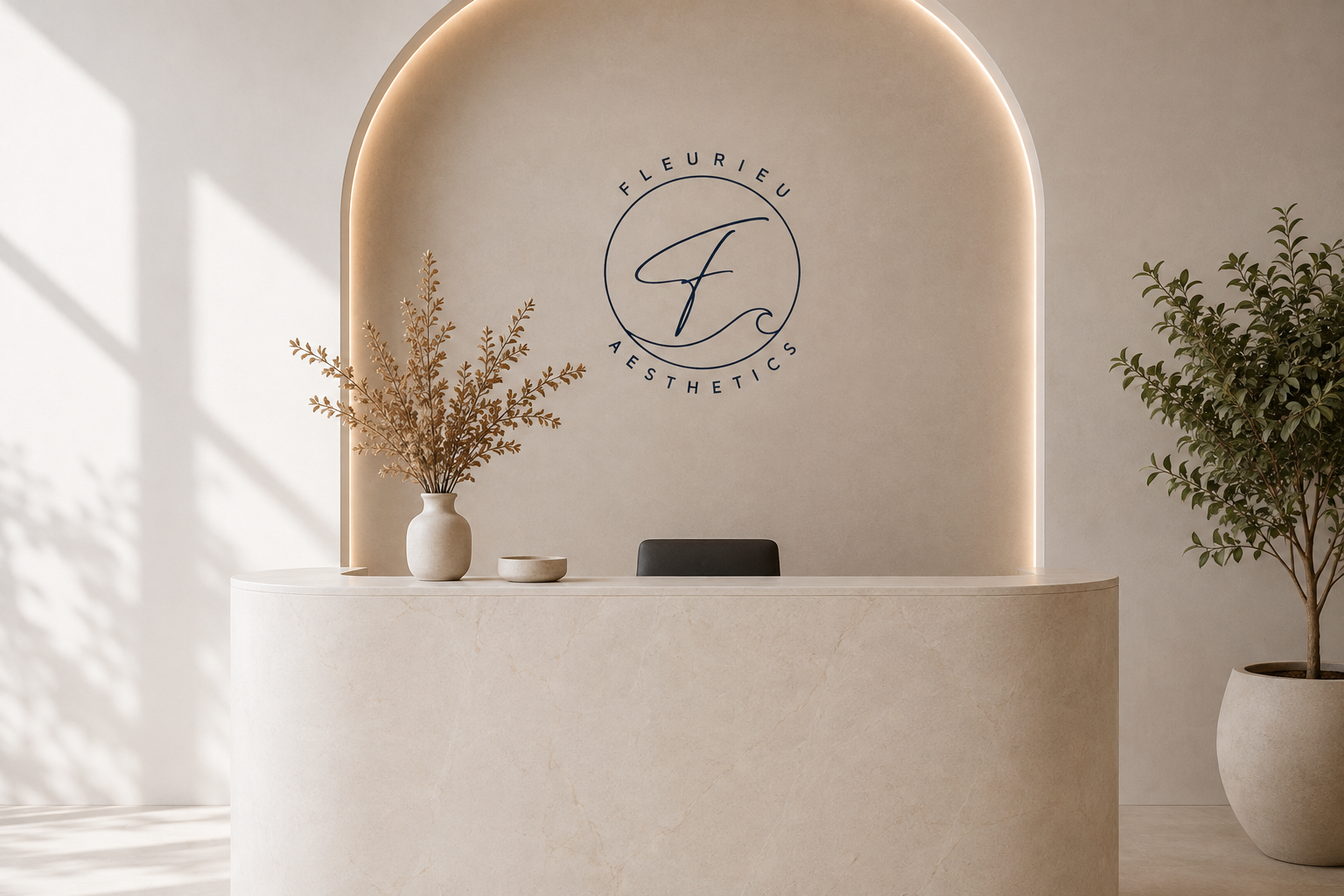 Minimalist reception desk with a beige marble finish, a beige vase with dry foliage, a small bowl, a black chair behind the desk, a large potted plant to the right, and a circular logo with the words "FLEURIEU AESTHETICS" on the wall behind the desk, accented with soft backlighting.