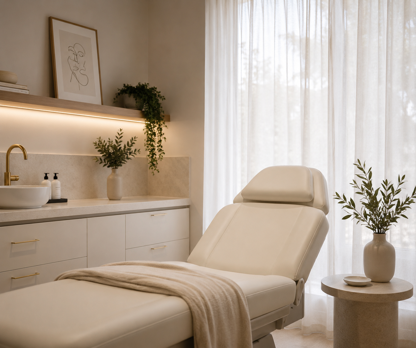 A clean and modern spa treatment room with a medical chair, side table, potted plants, and soft natural light from curtains.