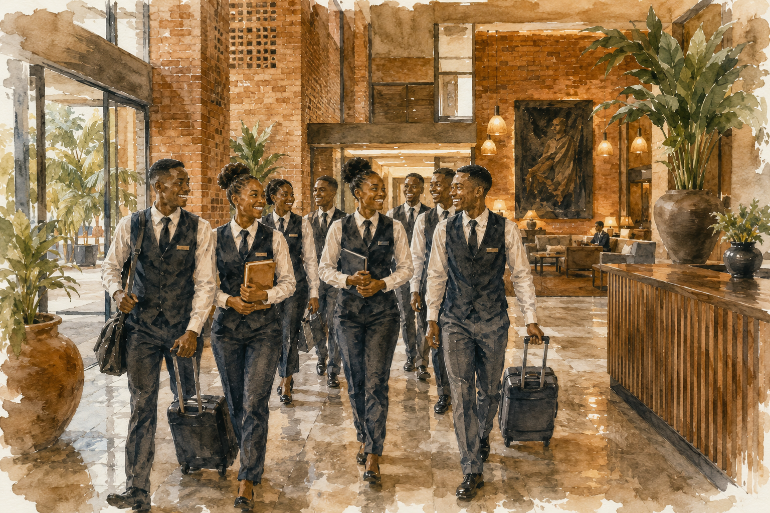 A group of hotel staff members, dressed in uniform, walking through a well-lit hotel lobby, smiling and carrying luggage and tablets.