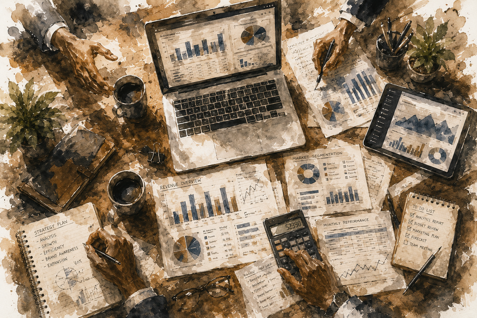 A top-down view of a cluttered conference table with laptops, tablets, papers, notebooks, pens, glasses, coffee cups, and small plants, showing business charts and graphs.