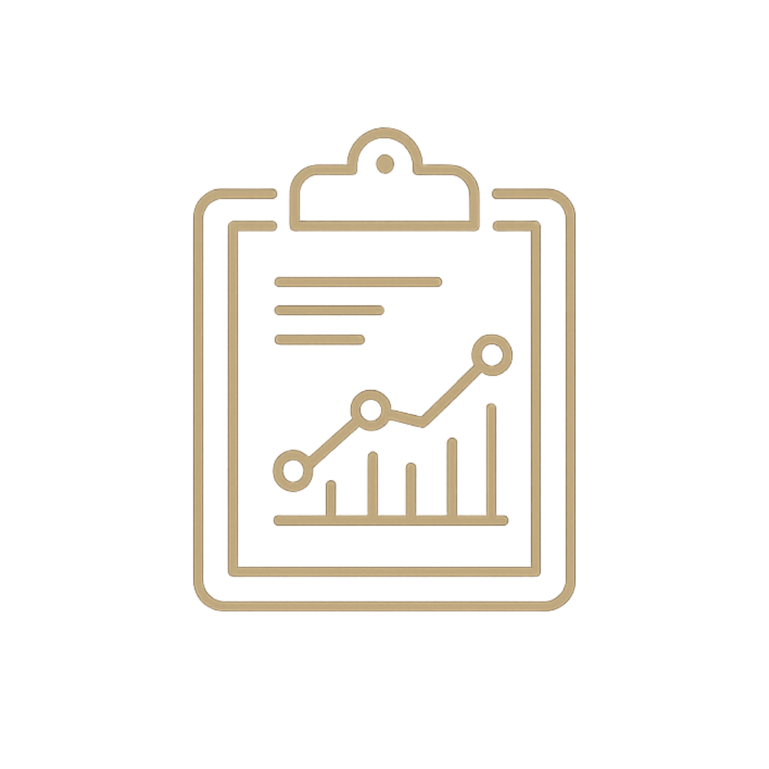 Icon of a clipboard with a graph showing rising bar and line charts.