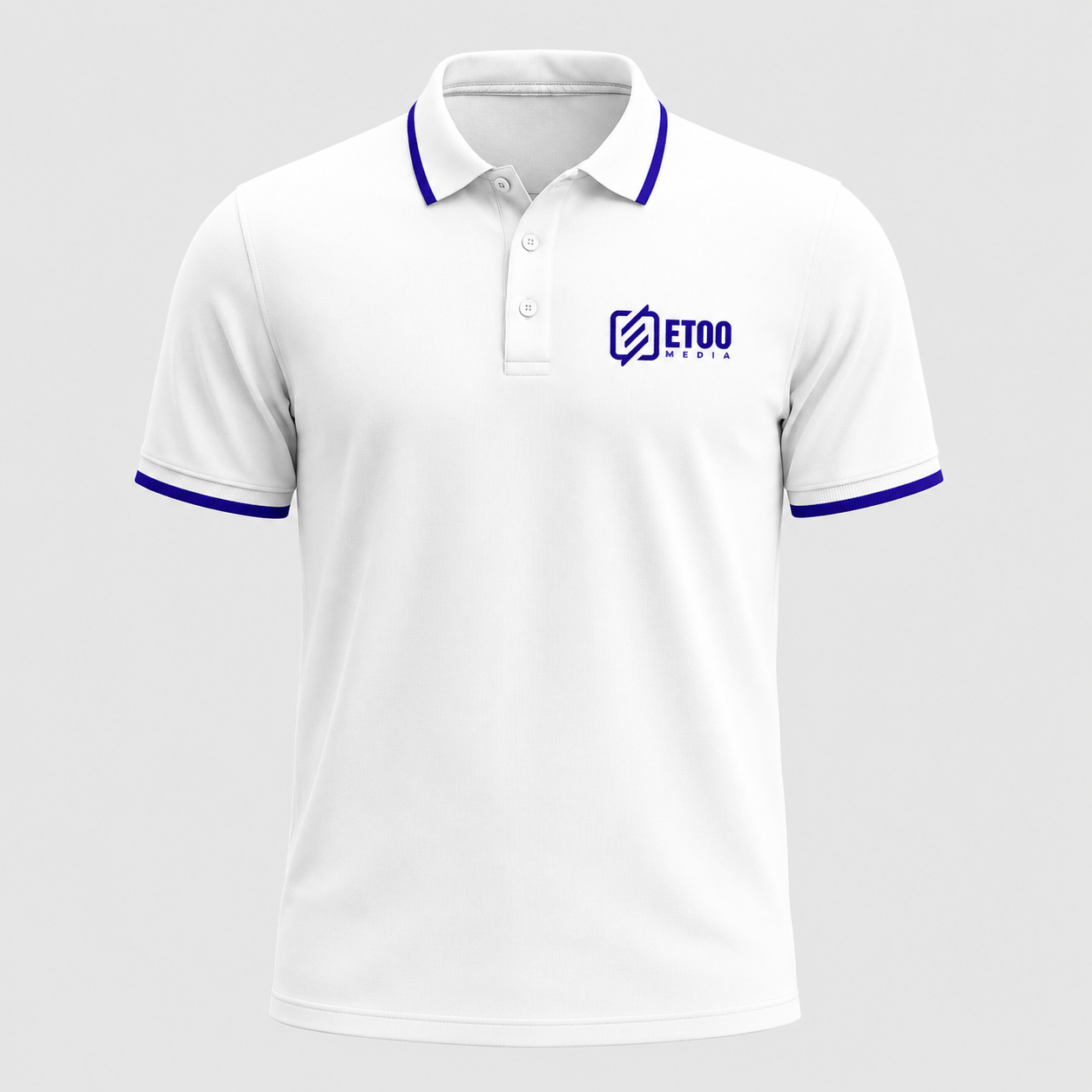 White polo shirt with the ETOO Media logo in purple
