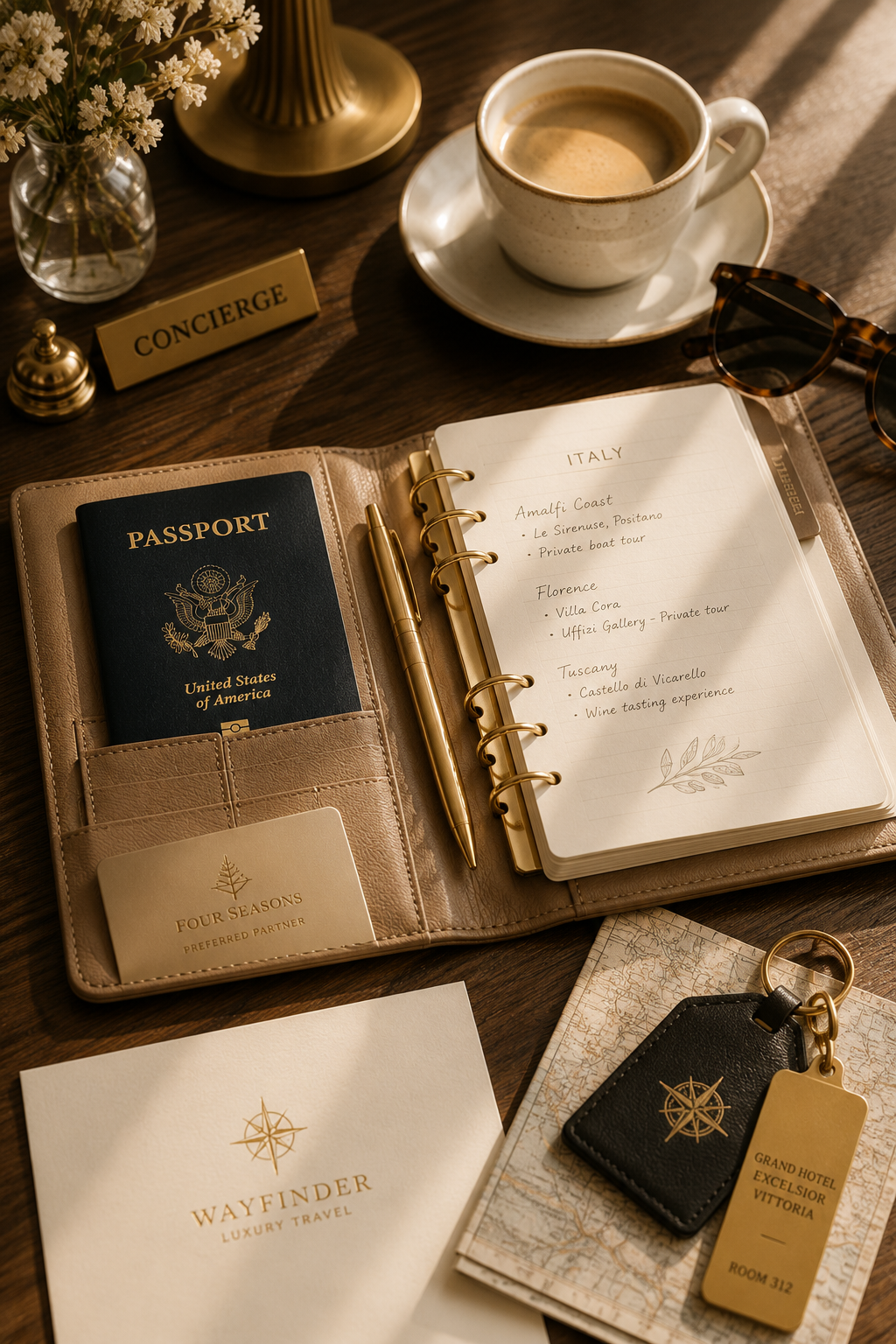 Travel essentials on a wooden table including a passport, a planner with notes about Italy, a glass of coffee, sunglasses, a keychain with a hotel name, a welcome brochure, and a concierge sign.