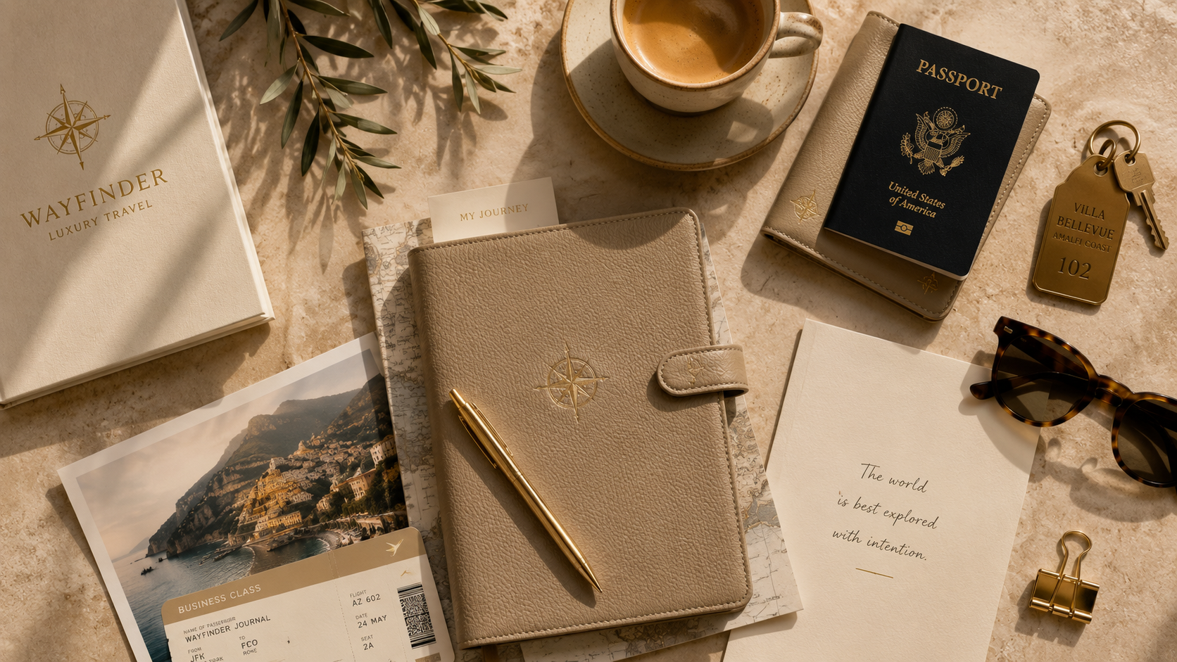 Travel essentials including a beige leather journal with a gold pen, a world map, a photograph of a coastal landscape, a business class airline ticket, a passport, a small beige wallet, a cup of coffee, a pair of tortoiseshell sunglasses, a keychain with keys and a gold tag, a gold binder clip, a motivational quote card, and a small branch of olive leaves on a beige surface.