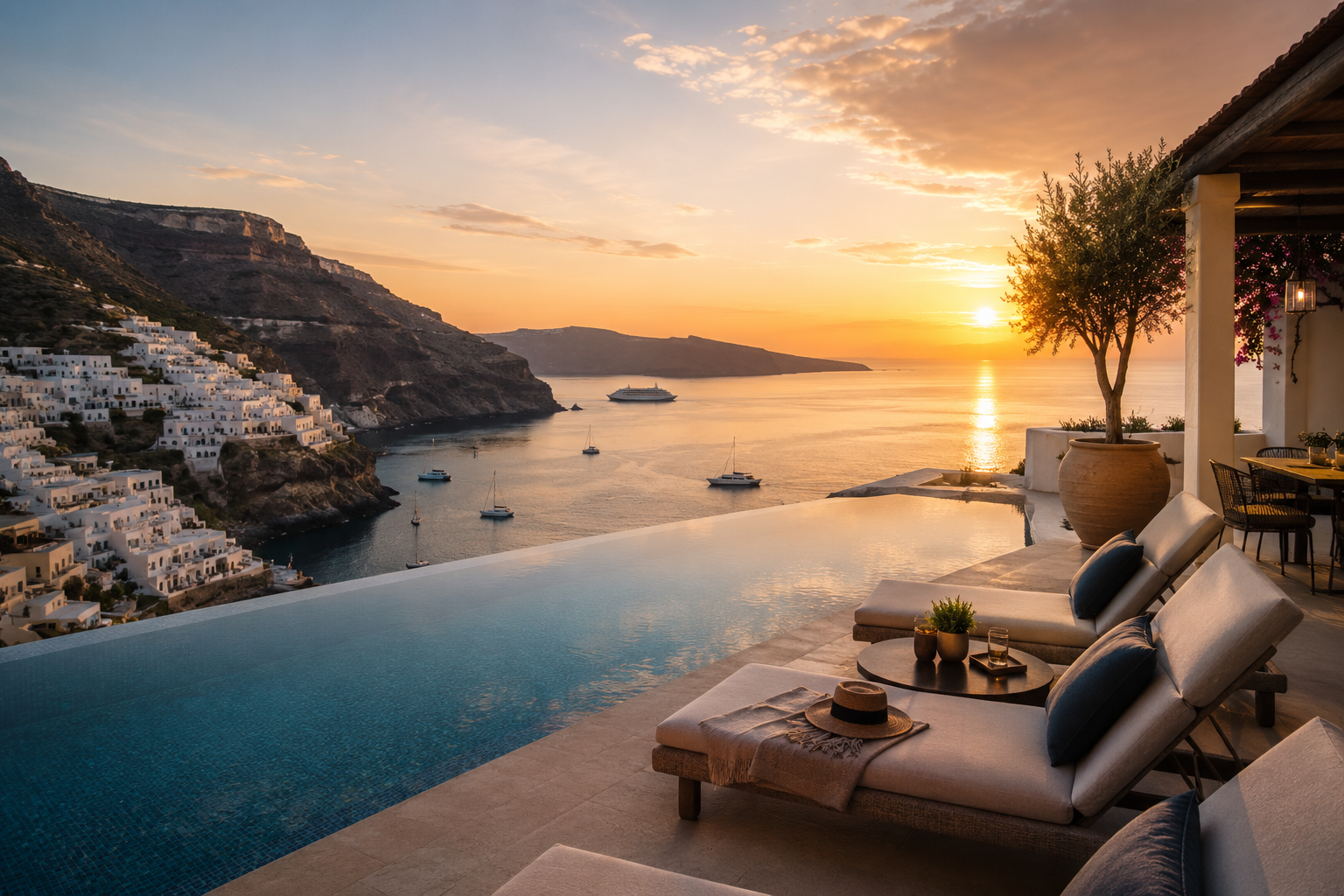 Sunset view over a coastal village with white buildings, sailboats, and cruise ships, viewed from a terrace with lounge chairs, a potted tree, and a reflected infinity pool.