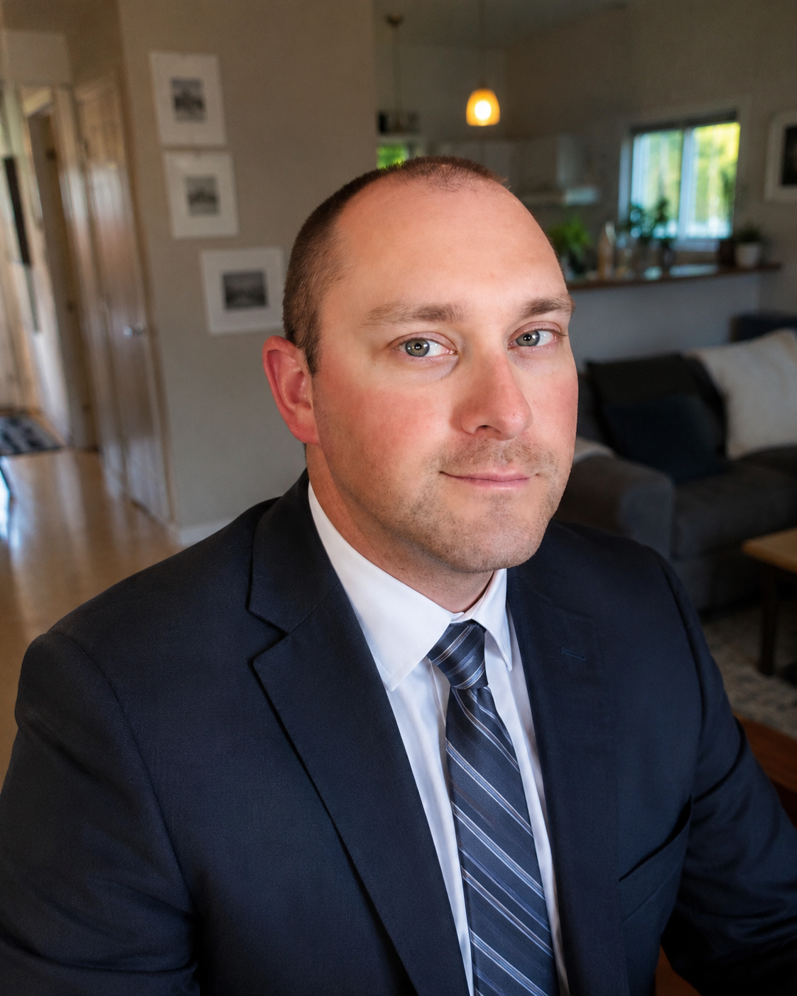 A man wearing a dark suit and striped tie sitting in a living room, smiling slightly, with a background that includes a couch, window, and framed pictures.