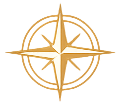 A gold compass rose logo with a stylized star and circular border