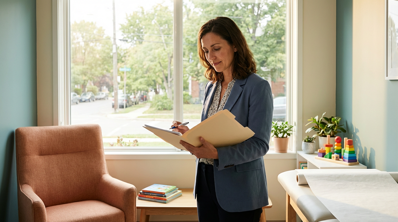 A woman in a blue blazer standing in a consultation room near a window, holding and looking at client papers.