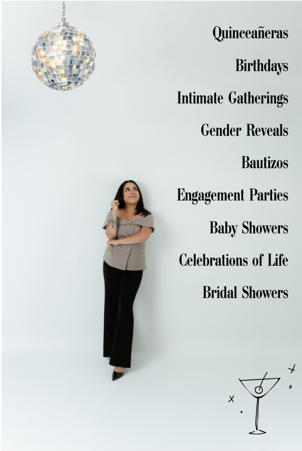 A woman standing under a disco ball with a list of party types like birthdays, baby showers, and engagements written on the wall besides her.