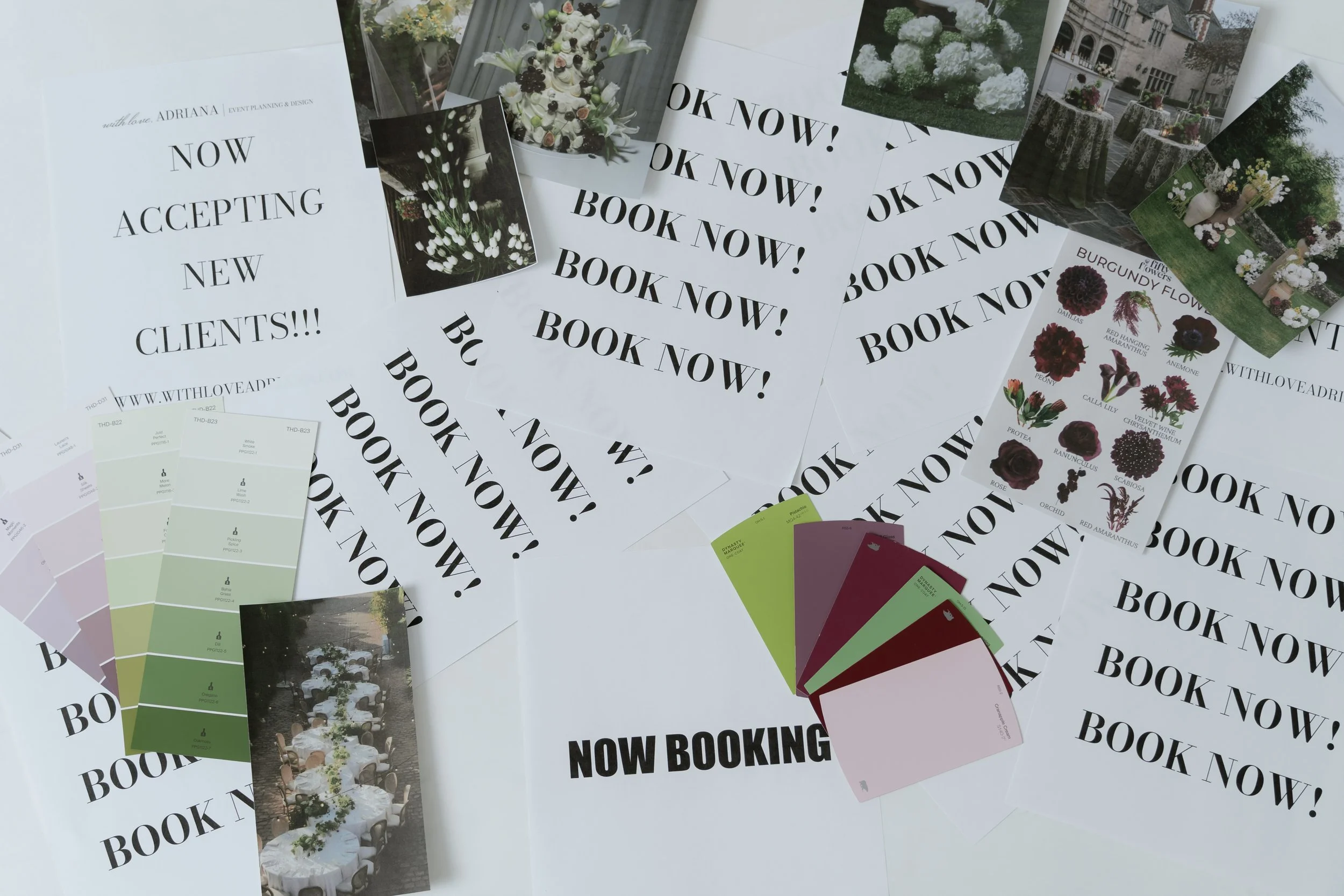 Collection of wedding planning flyers, postcards, and swatches featuring floral arrangements, outdoor decorated tables, and color samples.