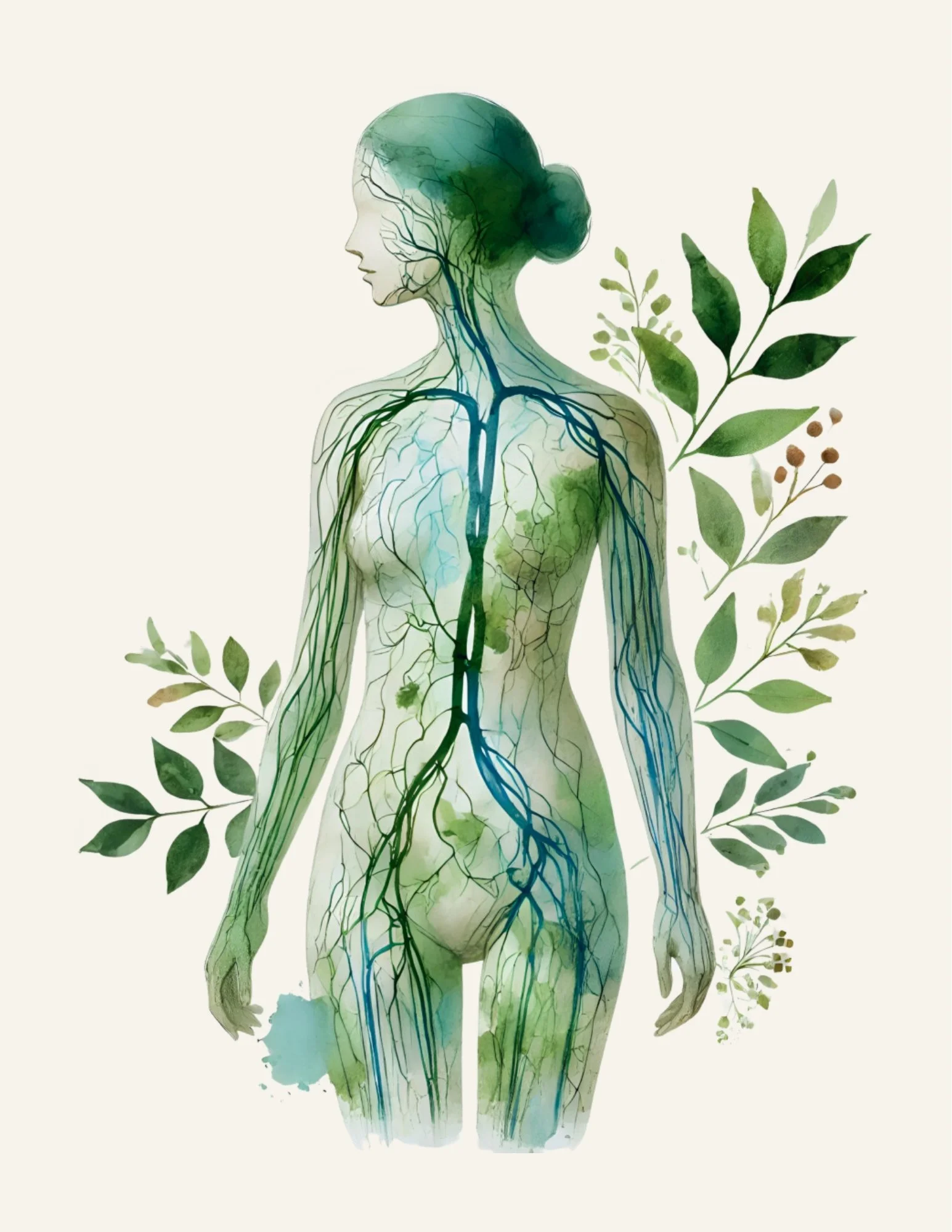 A watercolor illustration of a human figure with a transparent body showing the circulatory system and brain, decorated with green leaves and branches.