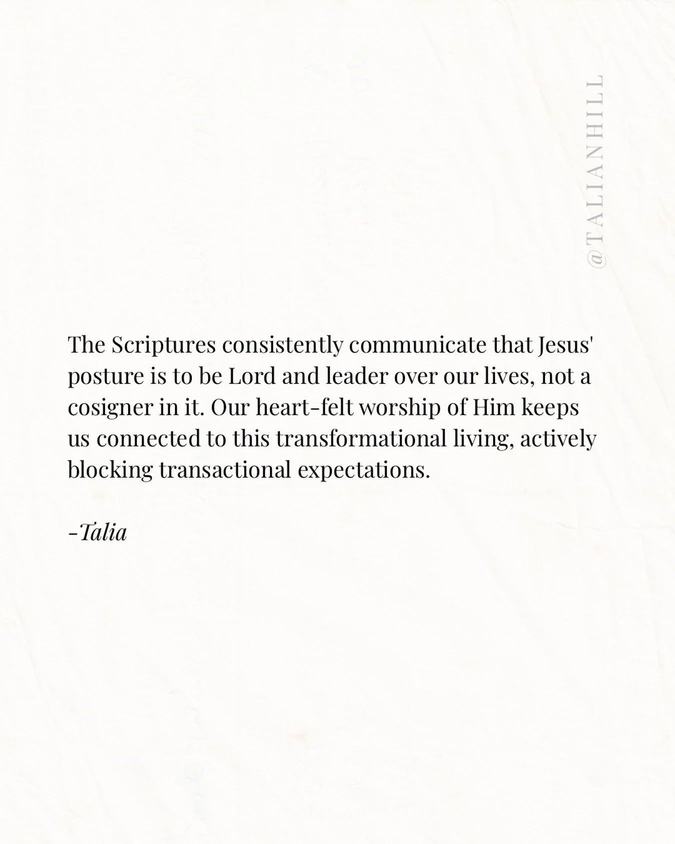 The Scriptures consistently communicate that Jesus' posture is to be Lord and leader over our lives, not a cosigner in it. Our heart-felt worship of Him keeps us connected to this transformational living, actively blocking transactional expectations.