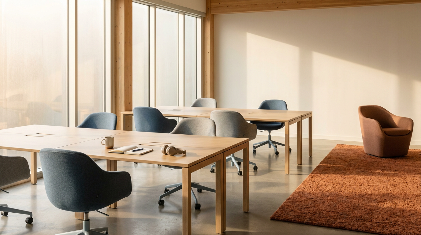 Empty modern workspace with wooden tables, office chairs, a brown armchair, and a large window with sunlight.