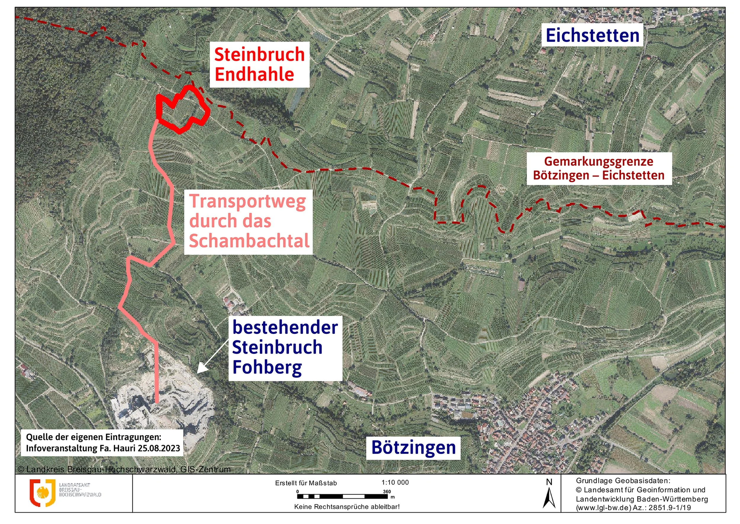 Kartenabschnitt mit Markierungen, die eine Grenze zwischen Bötzingen und Eichstetten zeigen, einschließlich eines Steinbruchs und eines Transportwegs durch das Schambachtal. Weitere Markierungen deuten auf einen Steinbruch Endahle und landwirtschaftliche Flächen in der Umgebung hin.