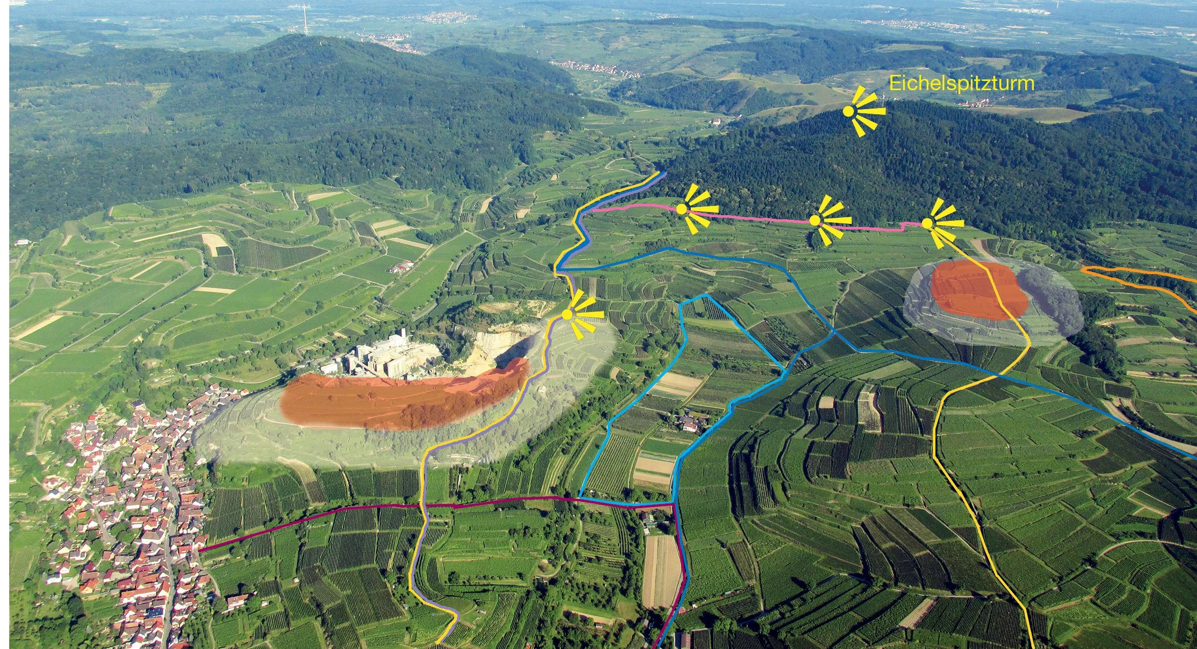 Luftaufnahme einer bewaldeten Landschaft mit landwirtschaftlichen Feldern, einem Dorf im unteren linken Bereich, Farbige Linien markieren Wege, und gelbe Symbole markieren Sonnen mit Beschreibungen. Es gibt markierte Gebietsflächen in rot.