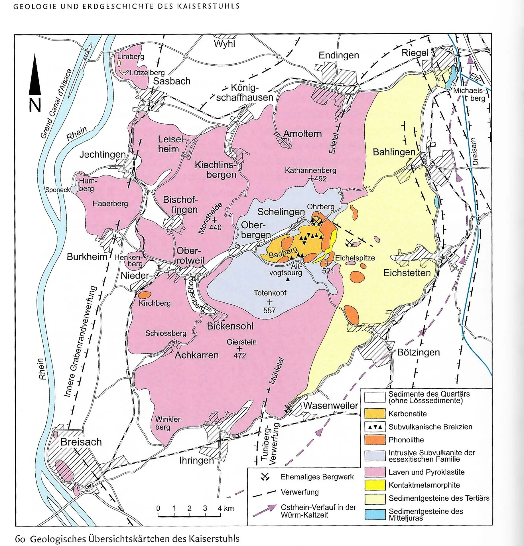 Karte des Kaiserstuhls, zeigt geologische Schichten und geographische Merkmale mit Legende für Sedimente, Gesteine und vulkanische Aktivitäten, einschließlich Salzquellen, Lagerstätten und tektonischer Brüche.