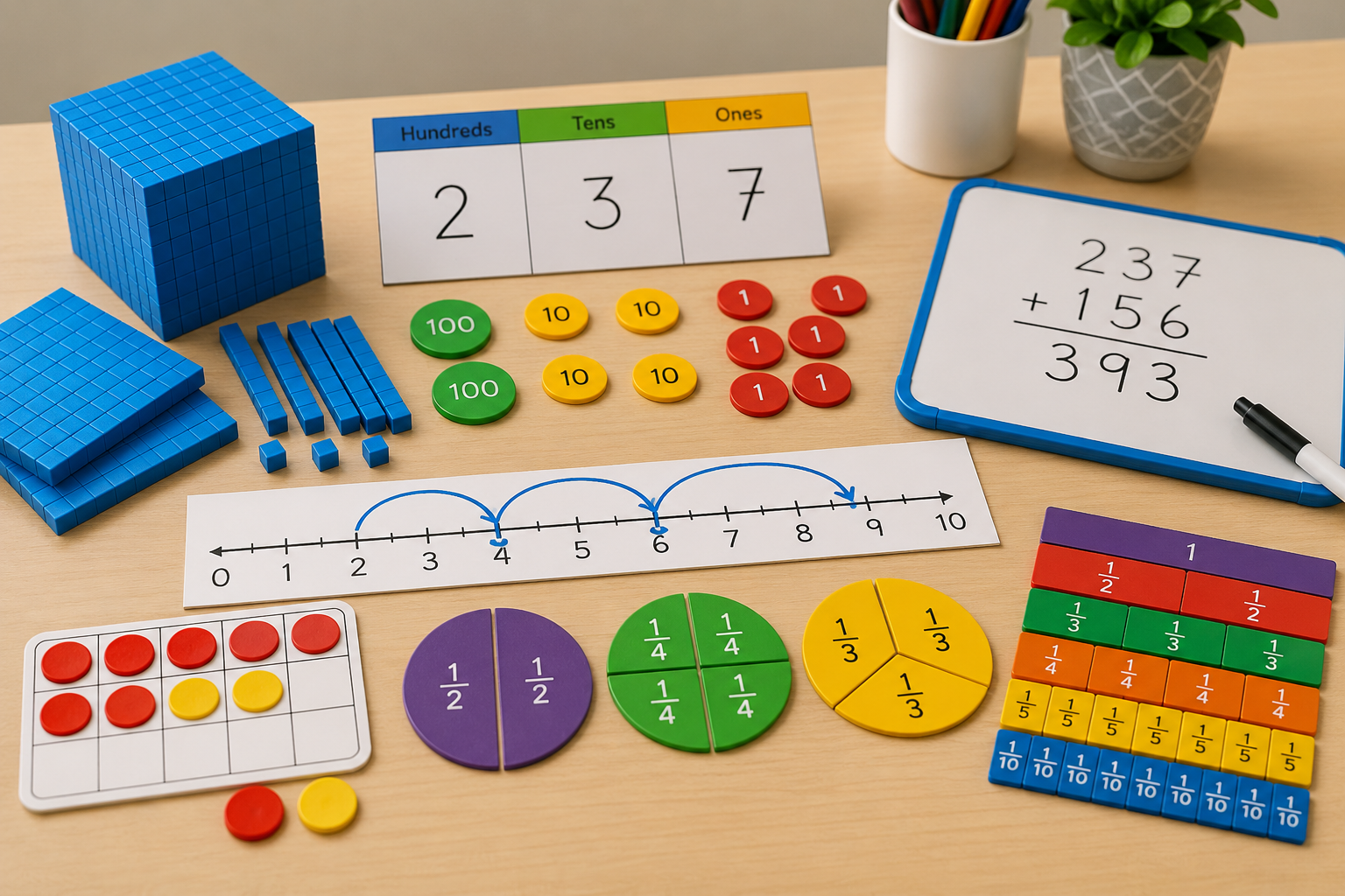 Concrete maths resources including place value blocks, counters, fraction circles and a number line.