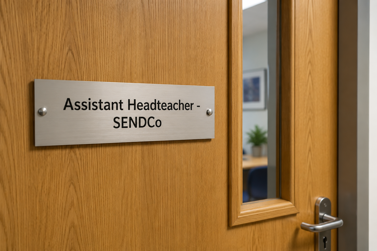 Office door with a metal sign reading, 'Assistant Headteacher - SENDCo,' and a small window showing part of an office with a framed picture on the wall and a potted plant.