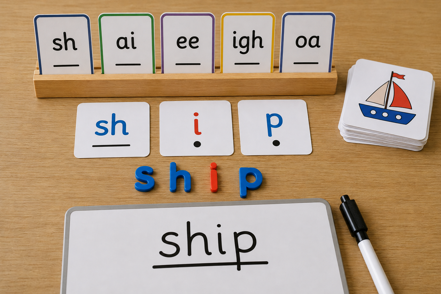 Educational setup with flashcards, letter tiles spelling 'ship', and a whiteboard showing the word 'ship' with a diagram. A stack of picture cards features a boat, and magnetic letters are arranged to spell 'ship' on a wooden surface.