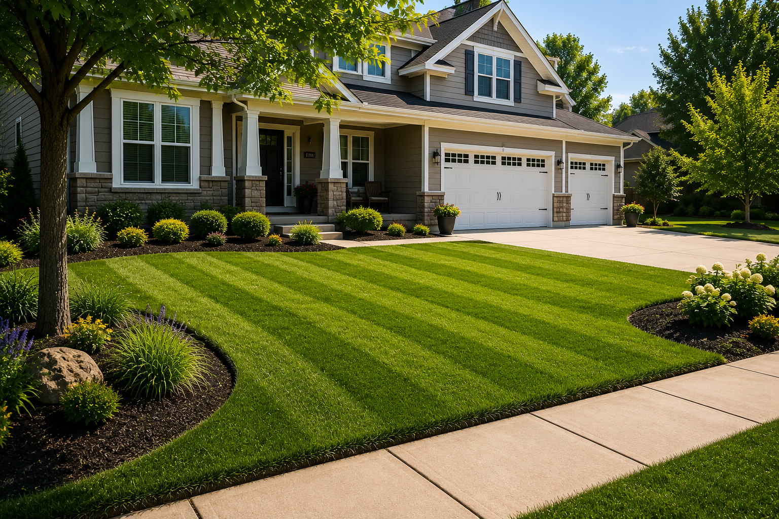 A well-maintained front yard with a lush green lawn, landscaped flower beds, and a concrete walkway leading to a modern two-story house with a three-car garage.
