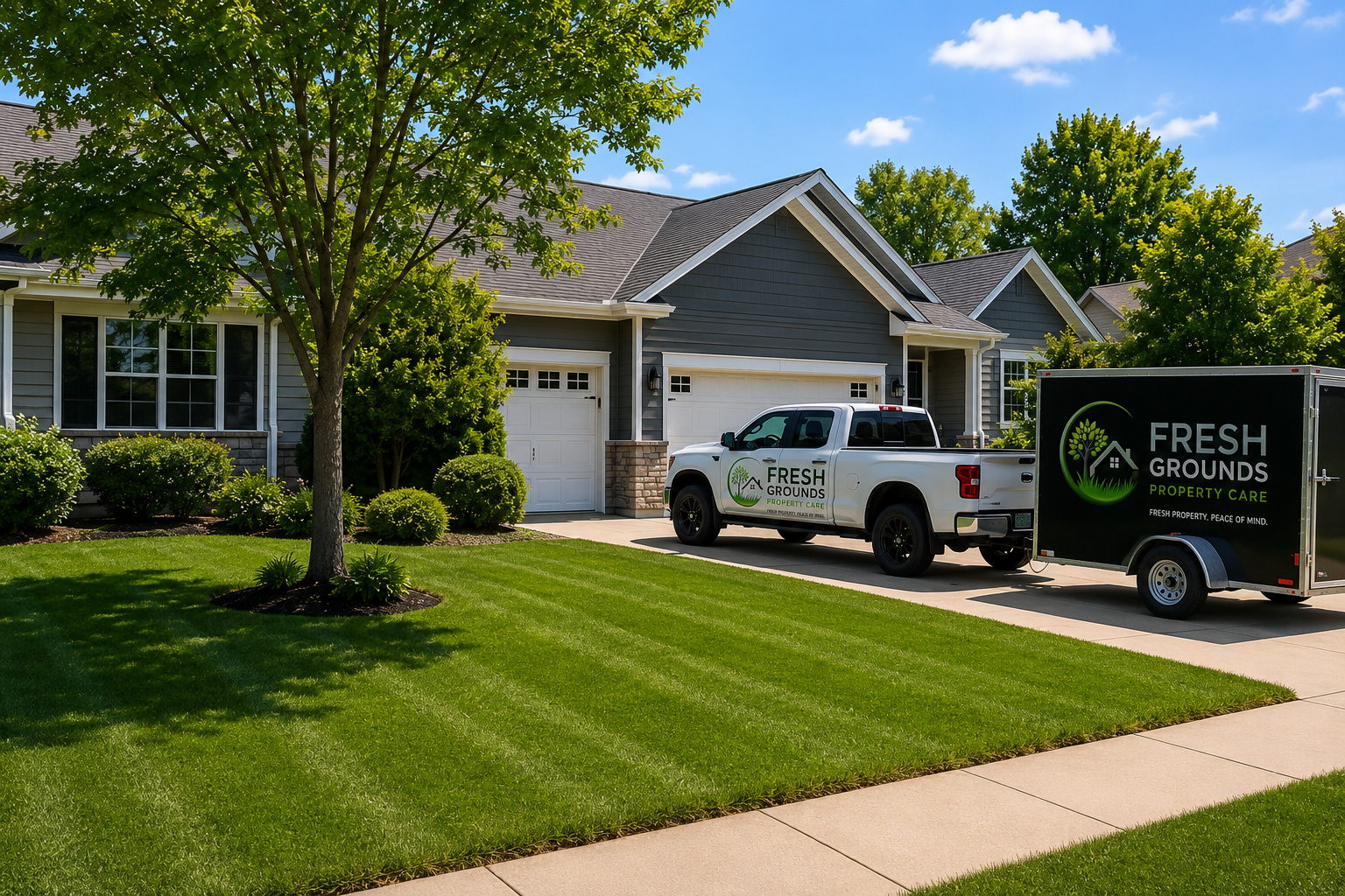 A suburban house with gray siding and white trim, surrounded by a landscaped lawn with trees and bushes, has a white truck and trailer labeled 'Fresh Grounds Property Care' parked in the driveway.
