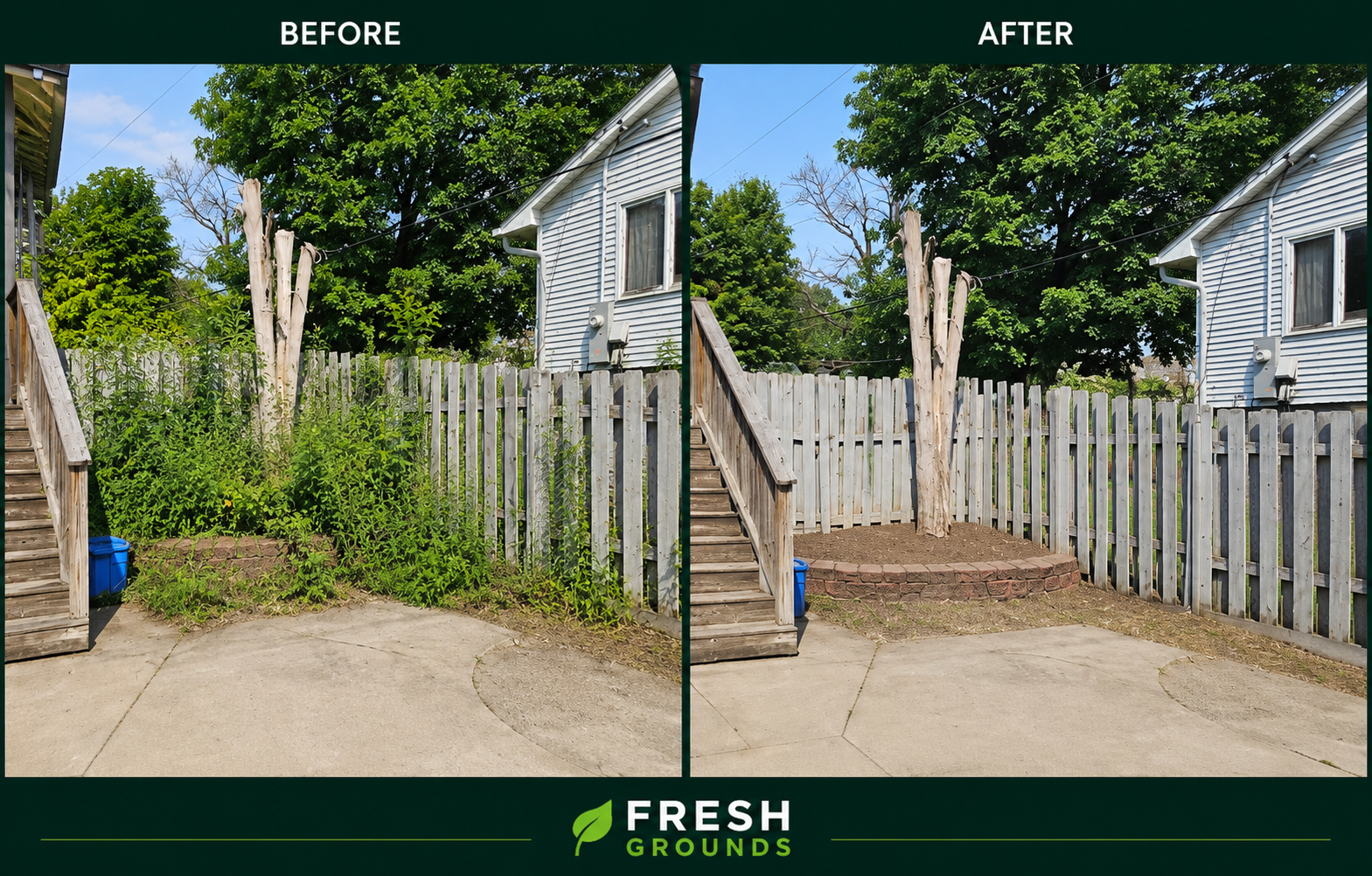 Comparison of a yard before and after landscaping cleanup: the overgrown weeds and plants on the left are cleared to reveal a well-maintained mulch bed and a clean fence on the right.