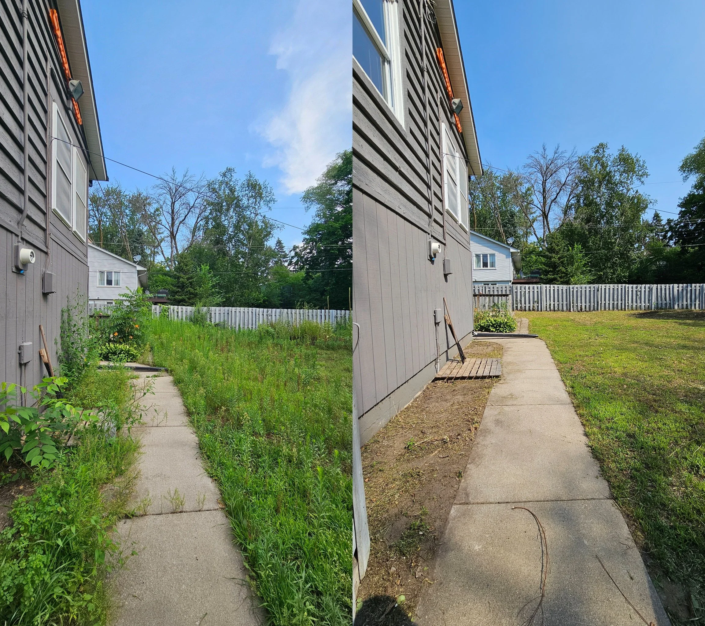 Comparison of a sidewalk before and after cleaning. The left side shows a dirty, overgrown sidewalk with weeds and grass, while the right side shows a clean, cleared sidewalk with a wooden ramp leading to a patio.