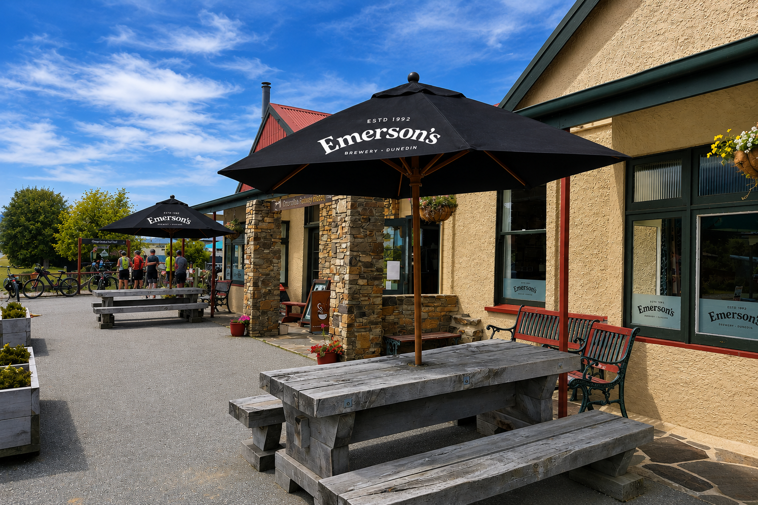 Outdoor seating available under umbrellas or in the beer garden