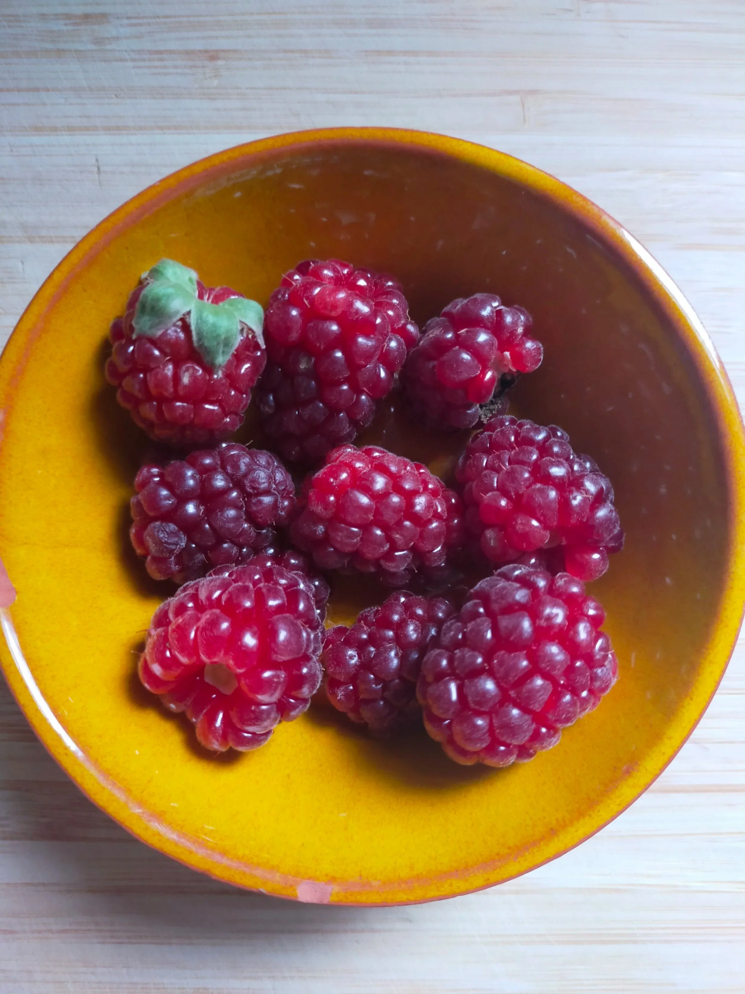 A bowl with several ripe blackberries on a wooden surface.
