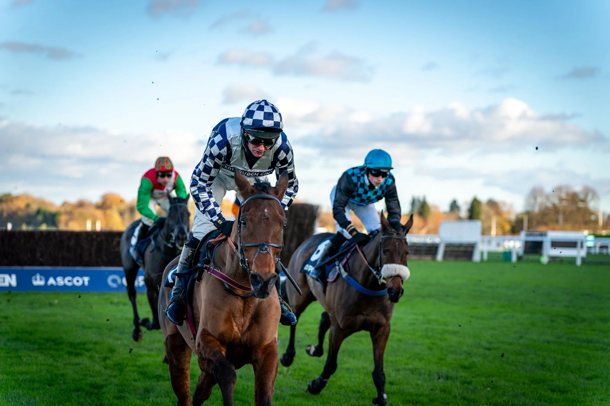 Horses and jockeys racing on a green turf track, with a blue sky and scattered clouds in the background.