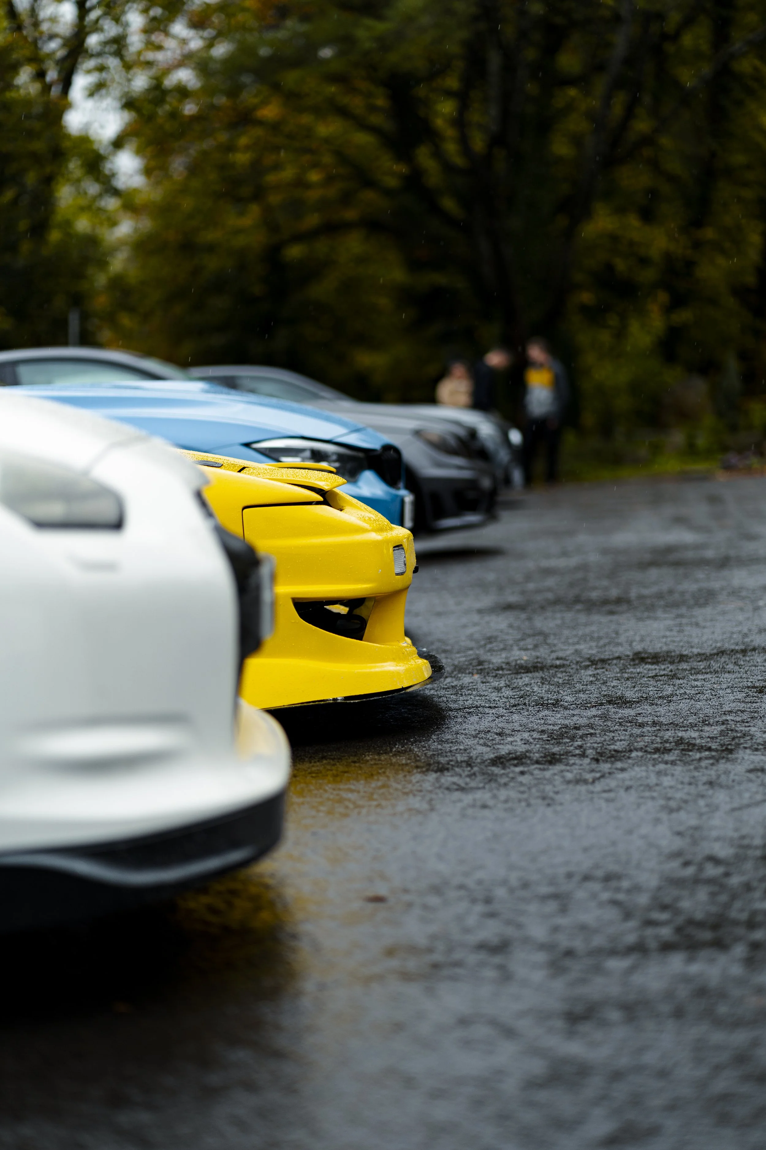 Close-up of several parked cars on a wet road, with trees and three people in the background.