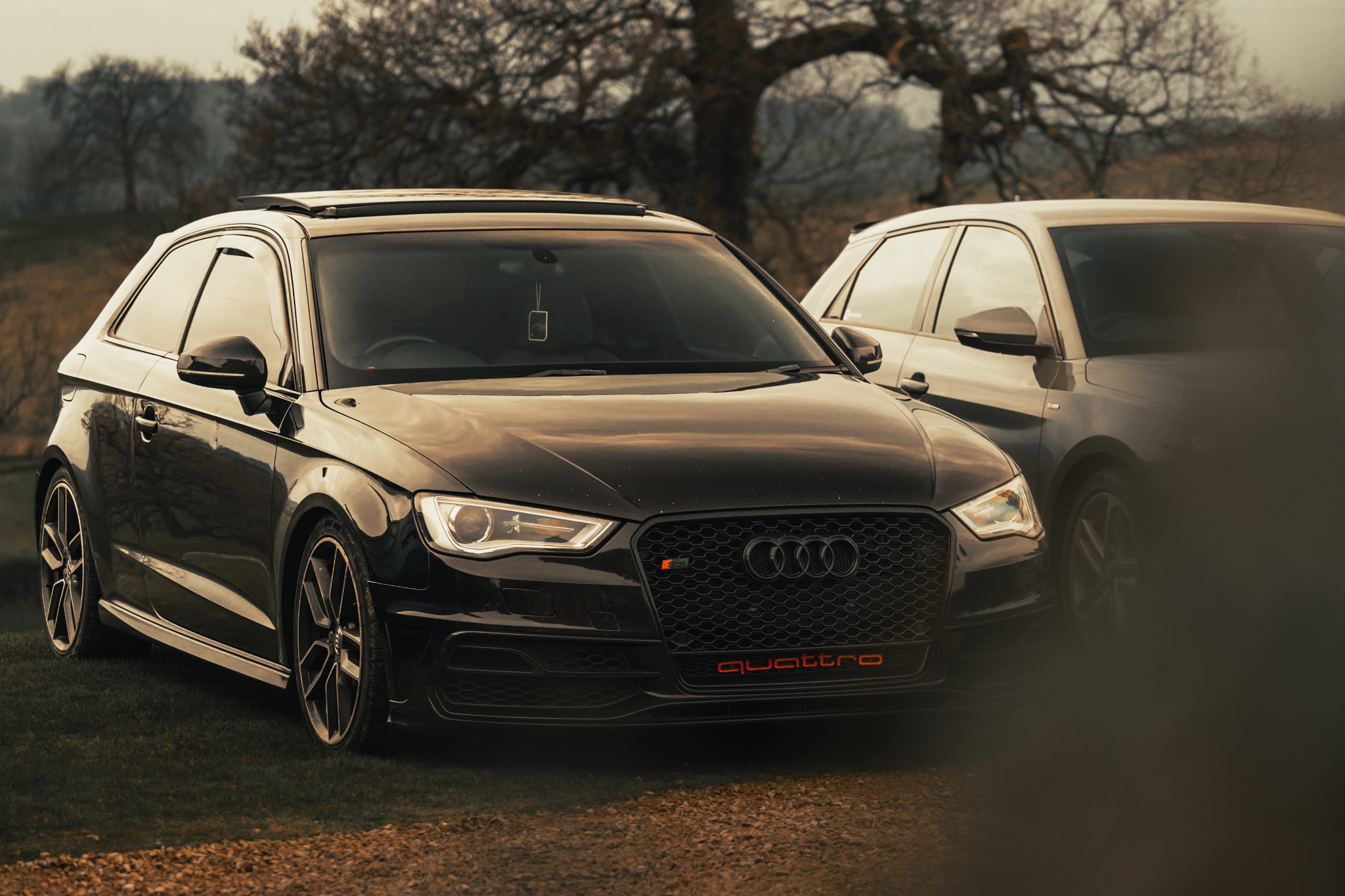A black Audi Quattro with sporty rims parked outdoors during sunset, with another similar car partially visible beside it, and leafless trees in the background.