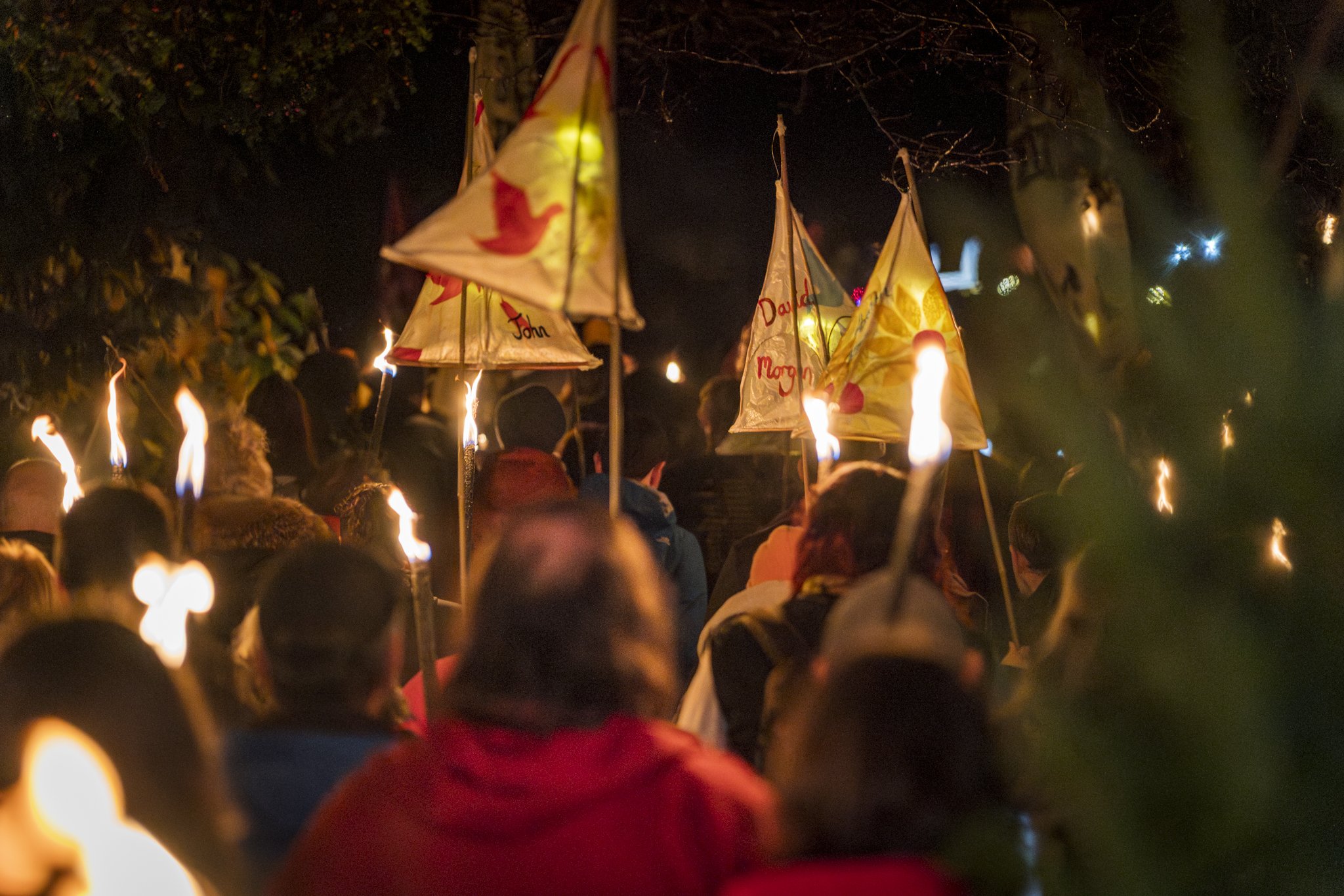 Nighttime scene of a crowd holding torches and flags during a festival or parade.