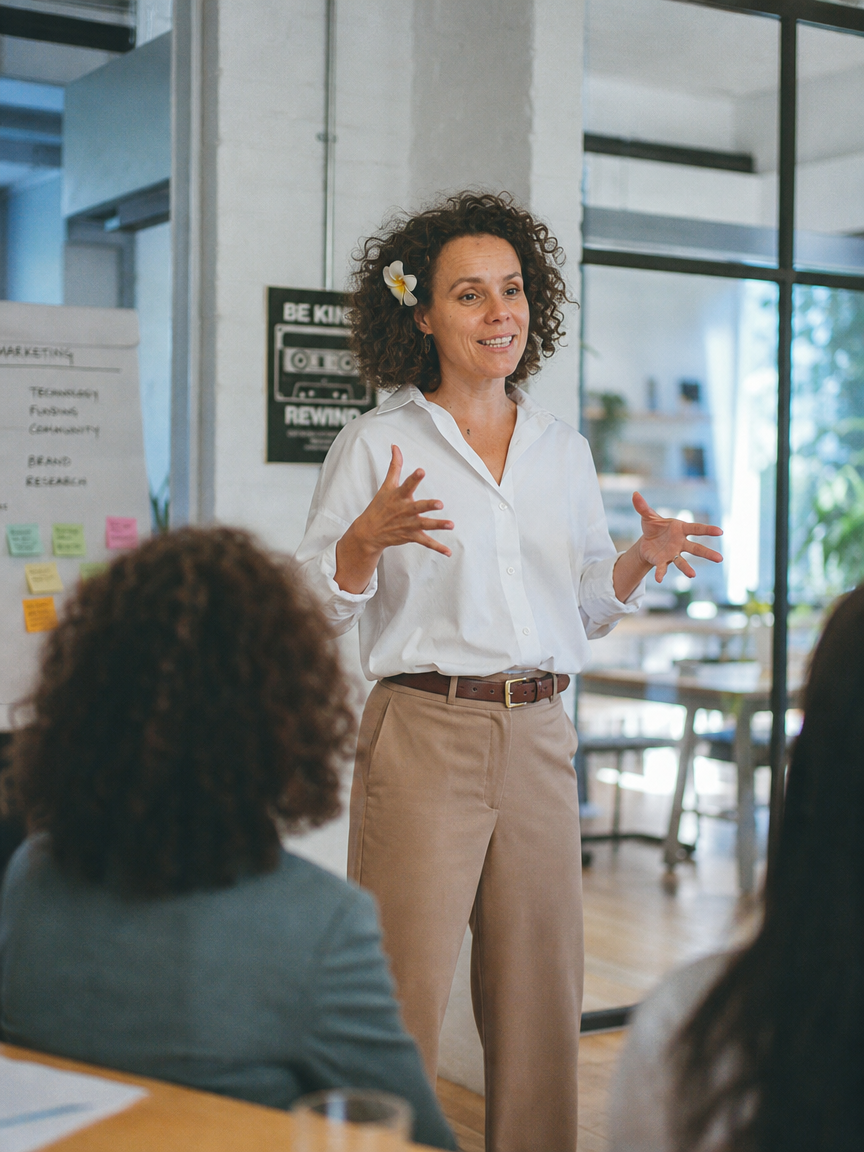 Chloé Domon intervient auprès d'une équipe lors d'une conférence sur la communication, l'engagement et la qualité de vie au travail (QVCT).